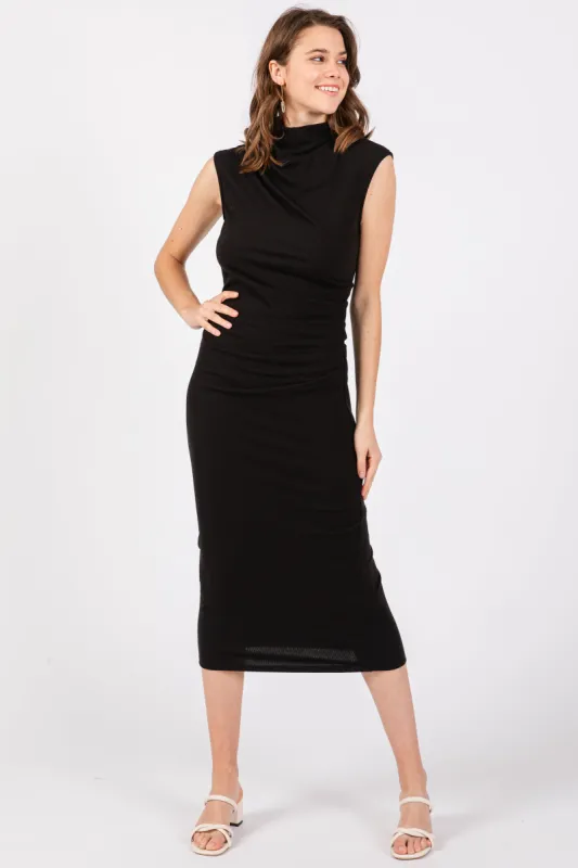 Black Ribbed Ruched Midi Dress sold by Pinkblush