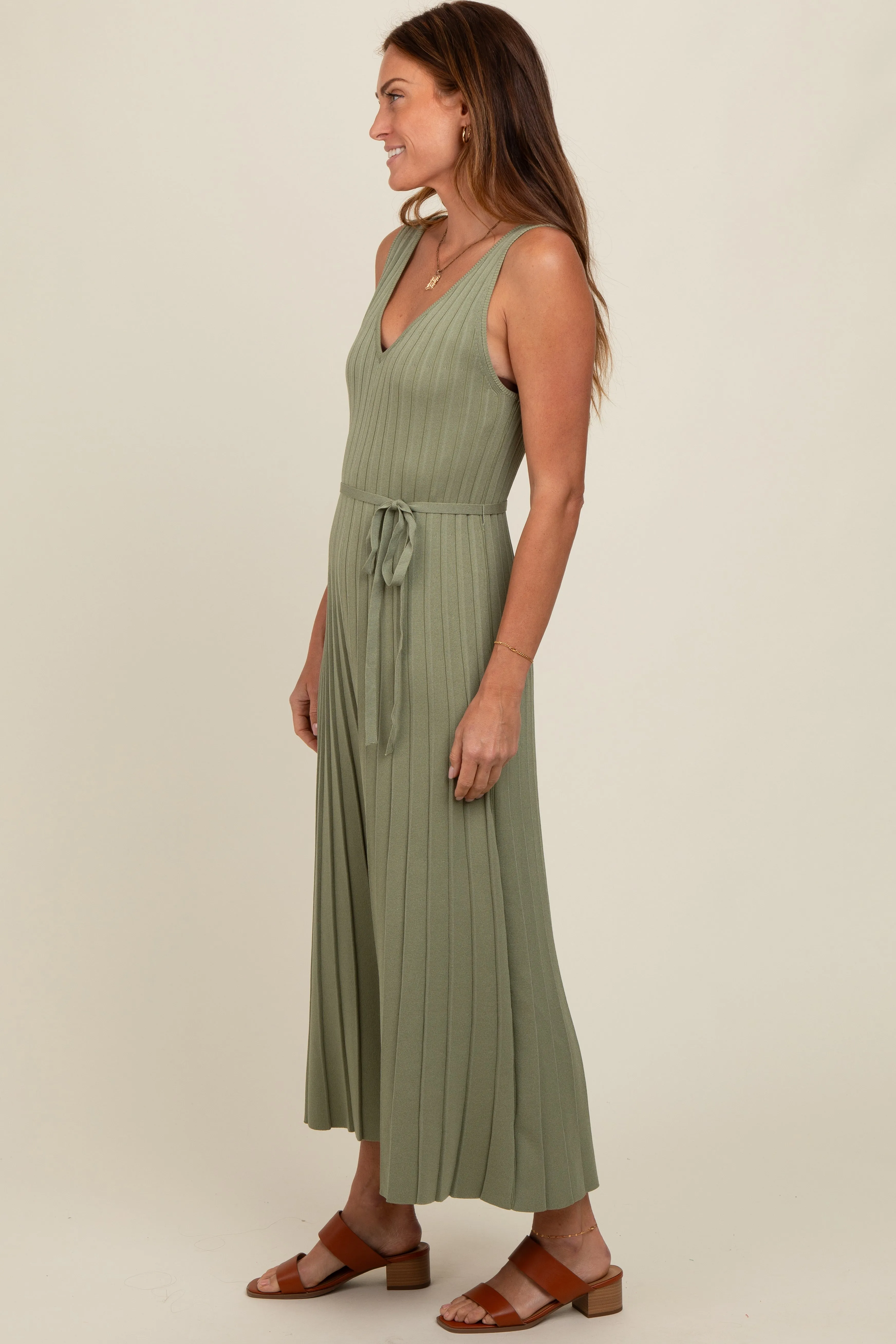 Light Olive Pleated V-Neck Waist Tie Sweater Maxi Dress sold by Pinkblush product image thumbnail 3