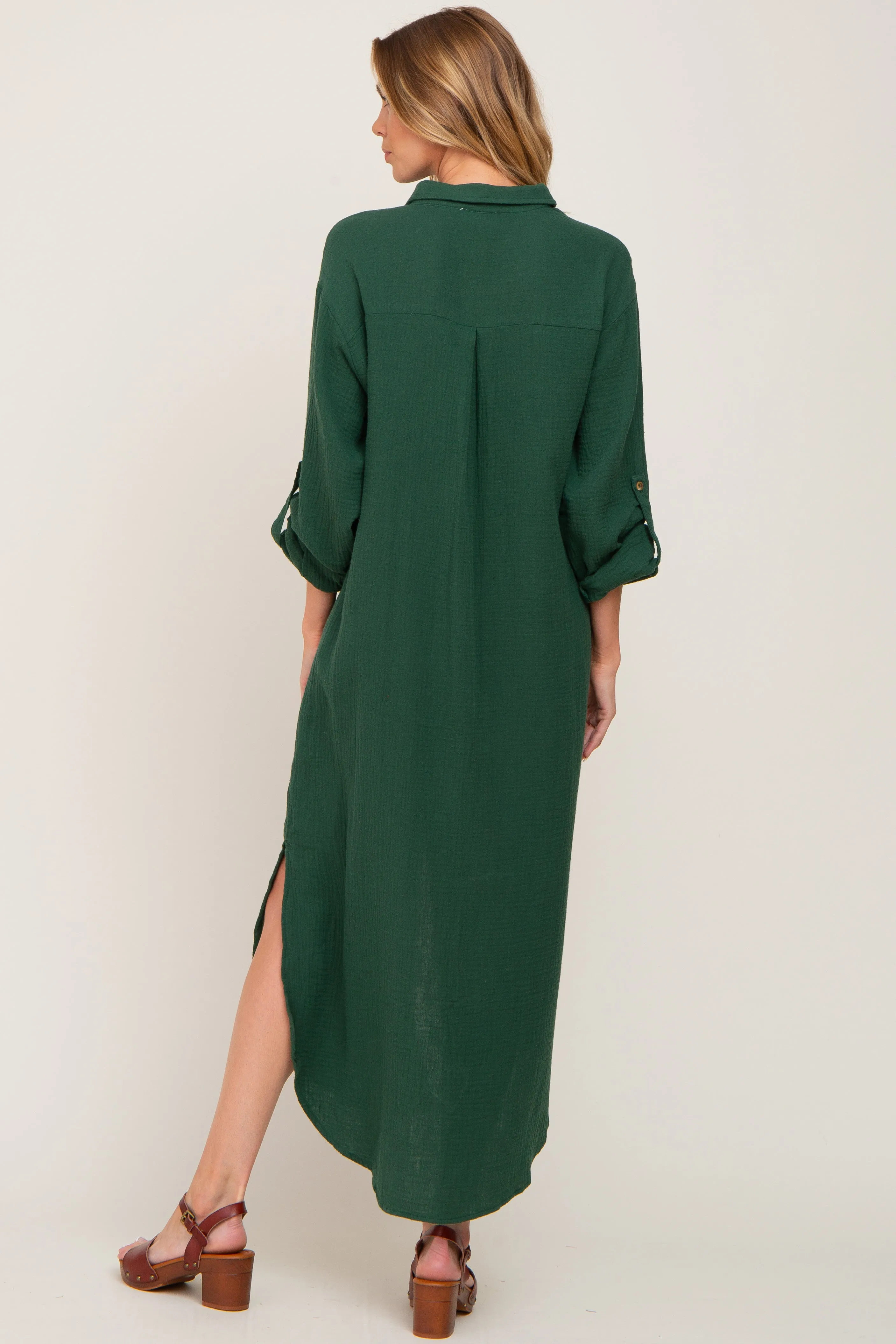 Forest Green Button Down 3/4 Sleeve Midi Dress sold by Pinkblush product image thumbnail 3
