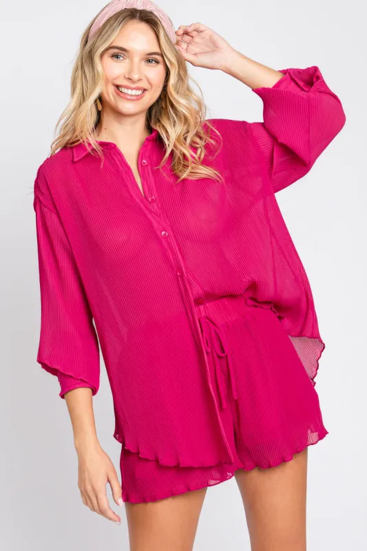 Fuchsia Pleated Long Sleeve Short Set sold by Pinkblush