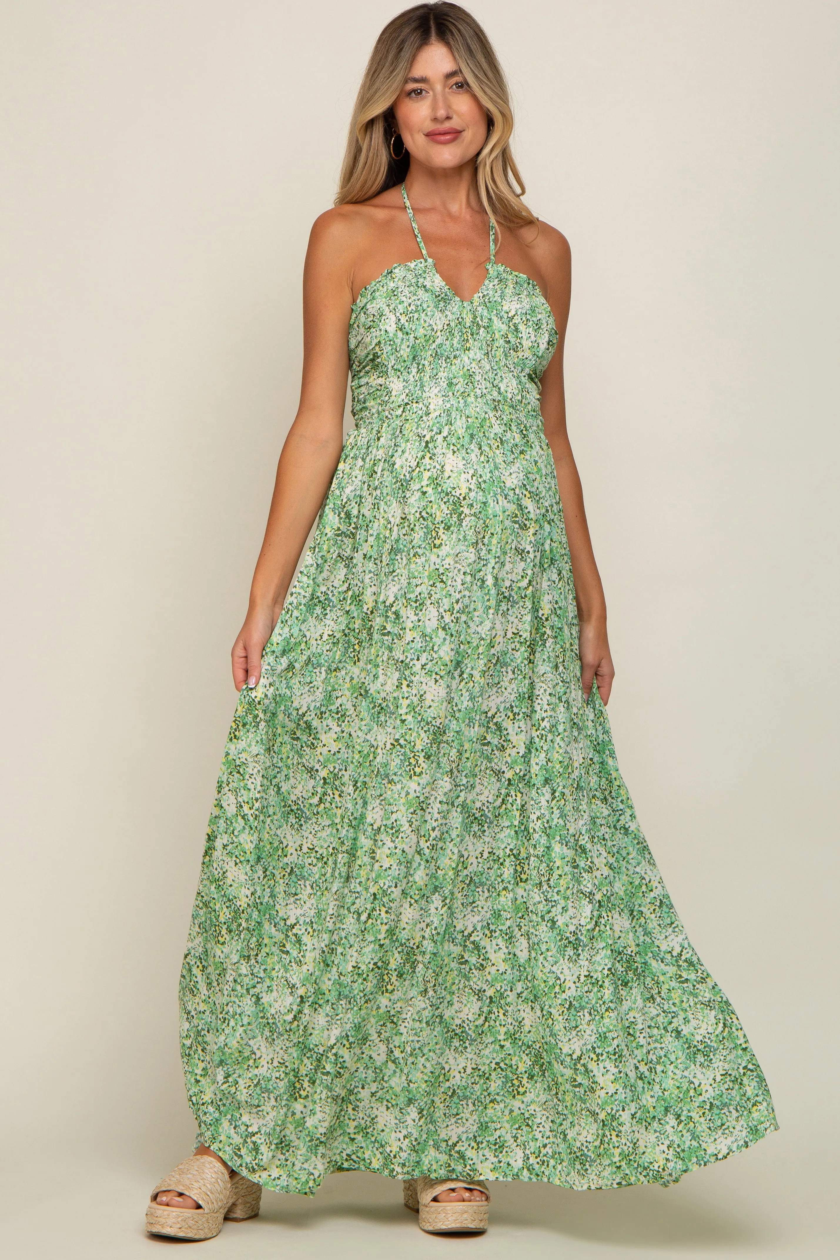 Green Floral Halter Neck Maternity Maxi Dress sold by Pinkblush