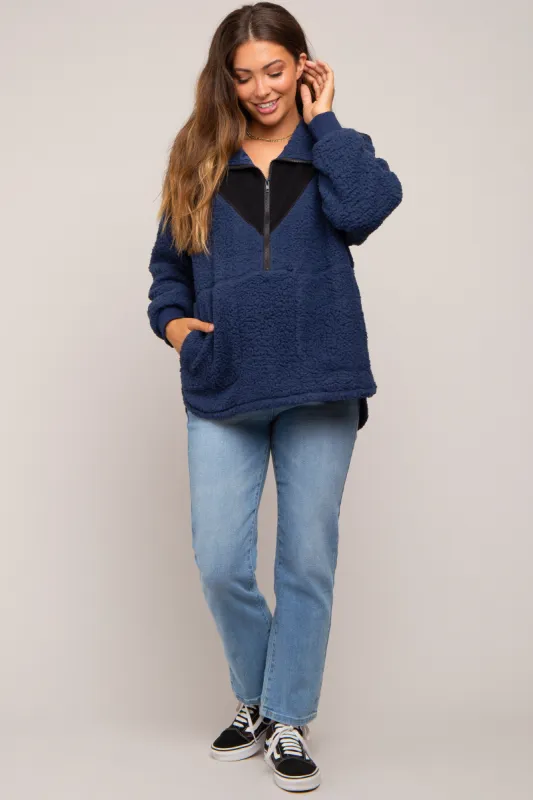 Navy Blue Colorblock Half Zip Fleece Maternity Pullover sold by Pinkblush