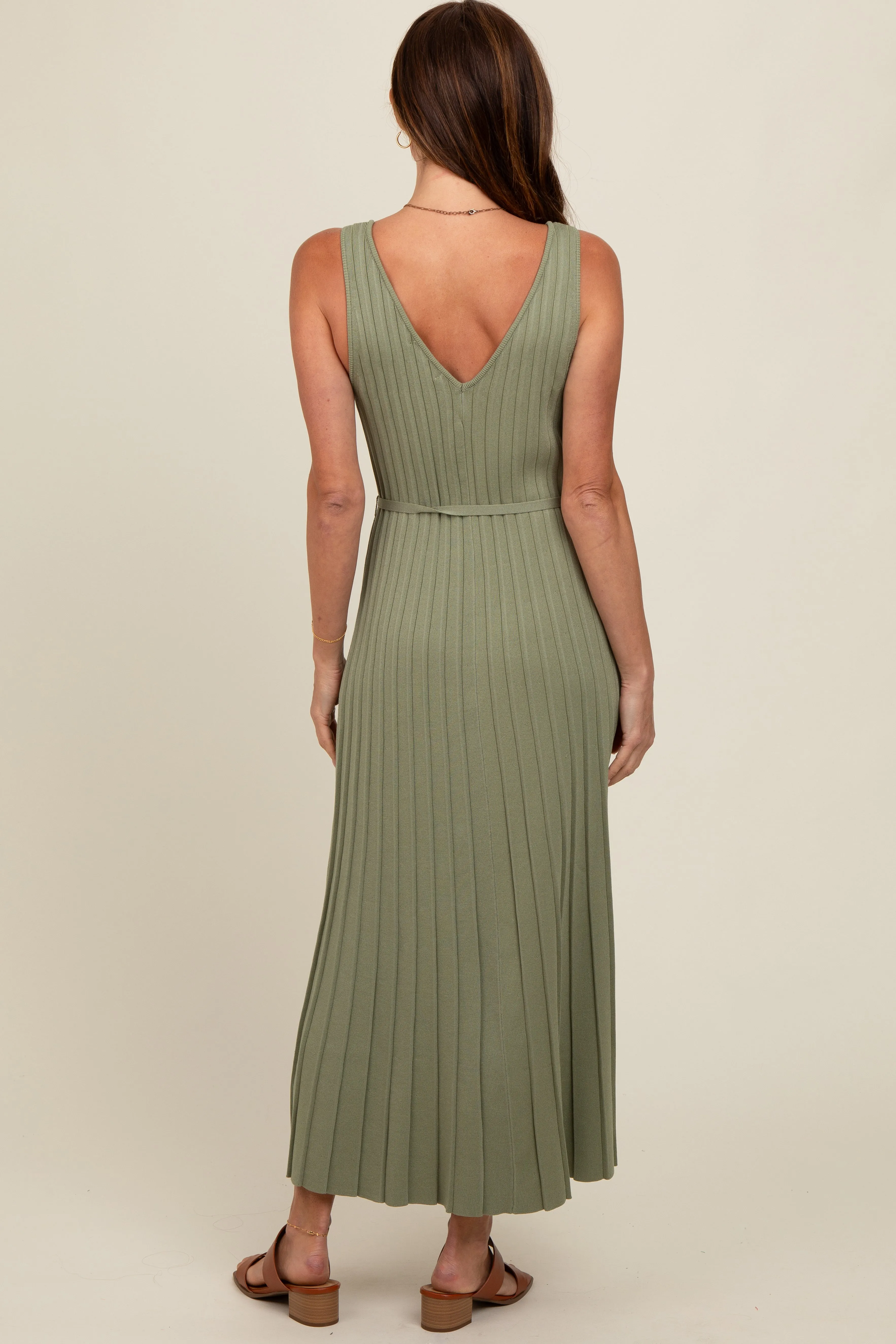Light Olive Pleated V-Neck Waist Tie Sweater Maxi Dress sold by Pinkblush product image thumbnail 4