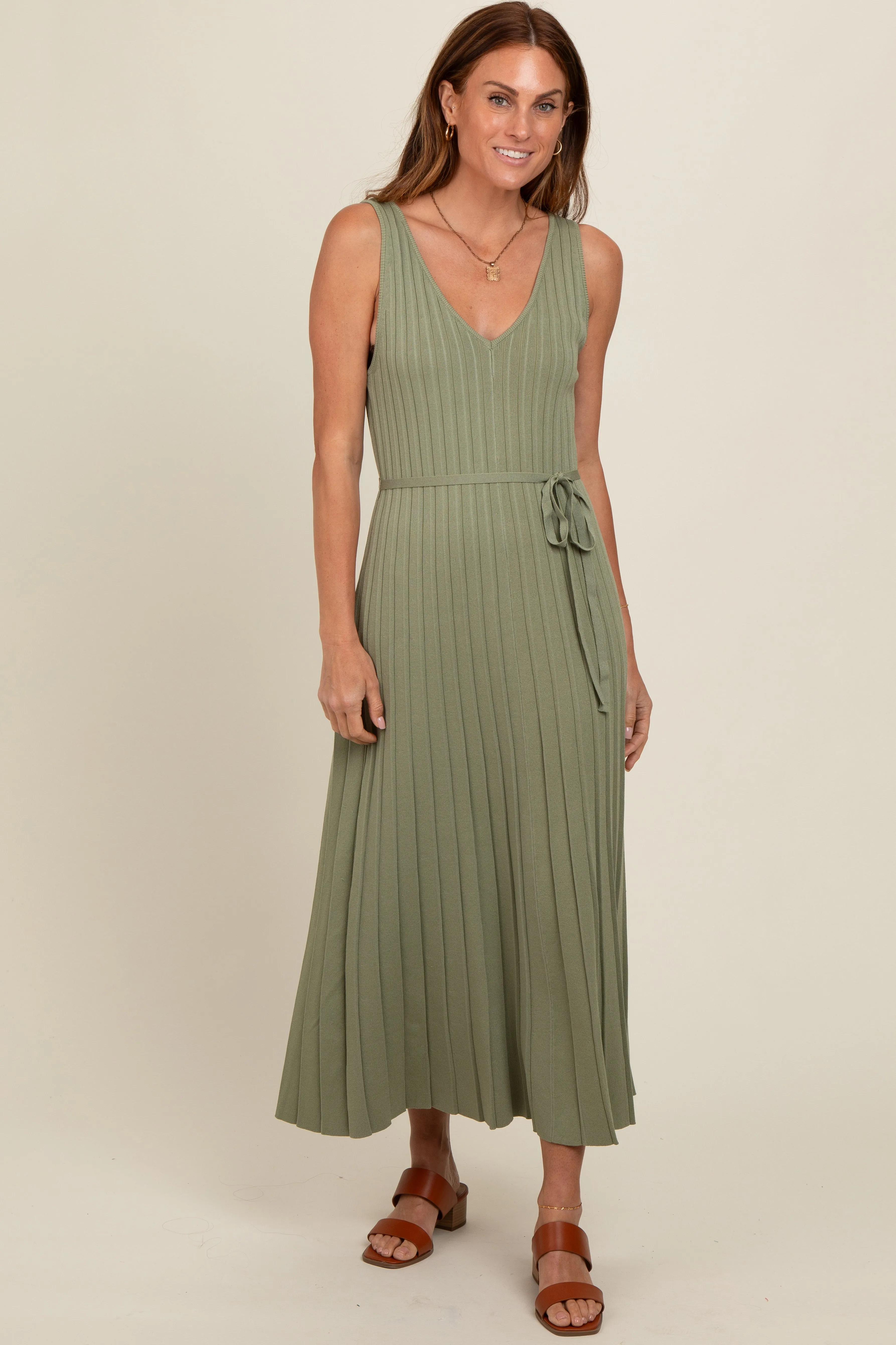 Light Olive Pleated V-Neck Waist Tie Sweater Maxi Dress sold by Pinkblush