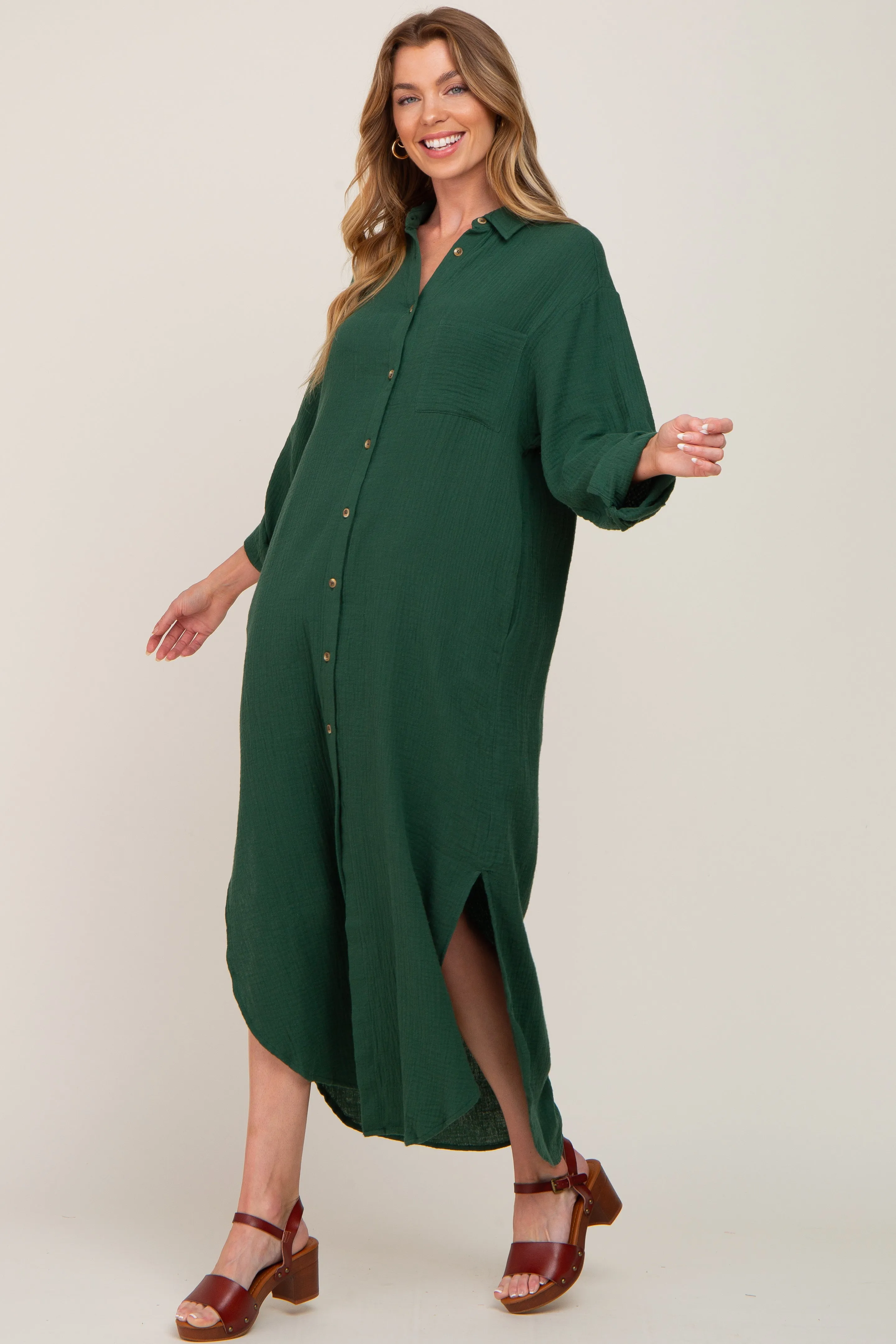 Forest Green Button Down 3/4 Sleeve Midi Dress sold by Pinkblush product image thumbnail 4