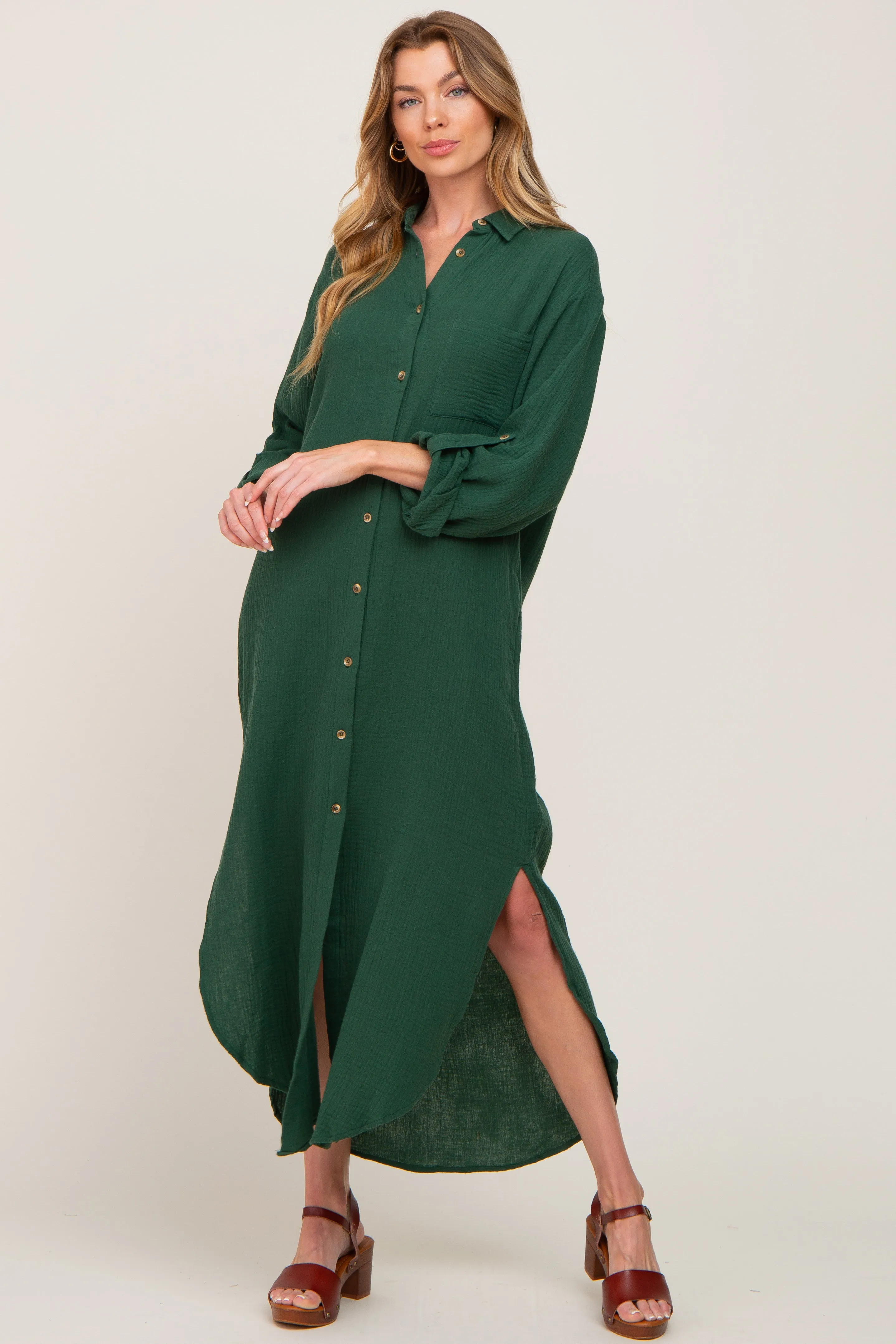 Forest Green Button Down 3/4 Sleeve Midi Dress sold by Pinkblush