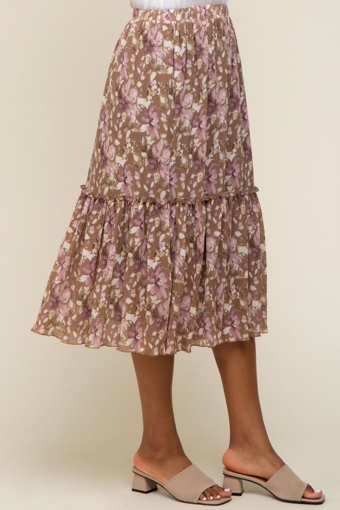 Mocha Floral Plisse Ruffle Accent Midi Skirt sold by Pinkblush product image thumbnail 3