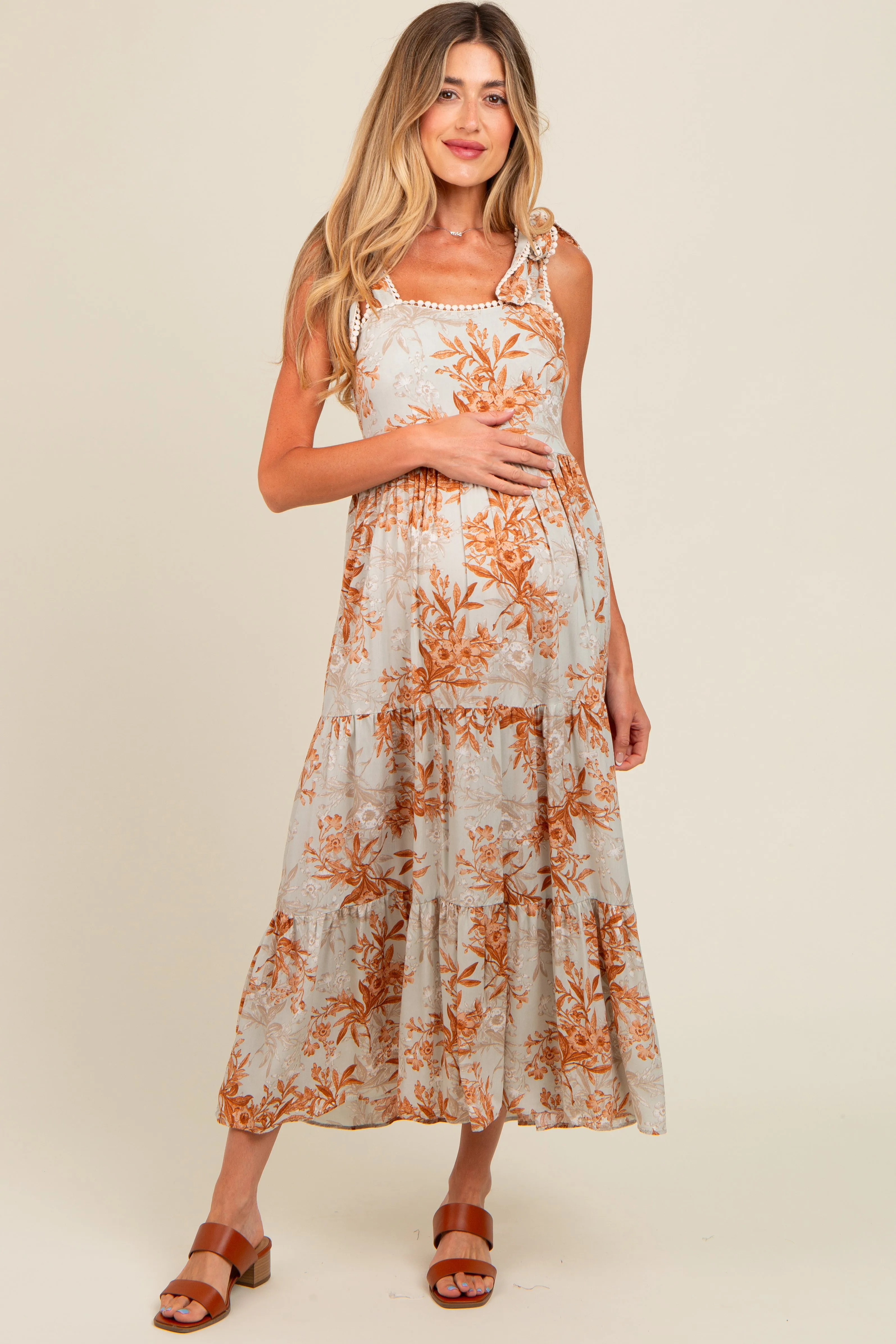 Rust Crochet Trim Floral Maternity Maxi Dress sold by Pinkblush