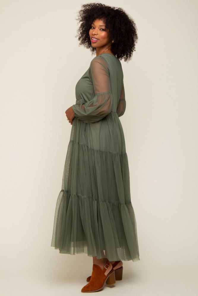 Olive Mesh Overlay Tiered Maxi Dress sold by Pinkblush product image thumbnail 2