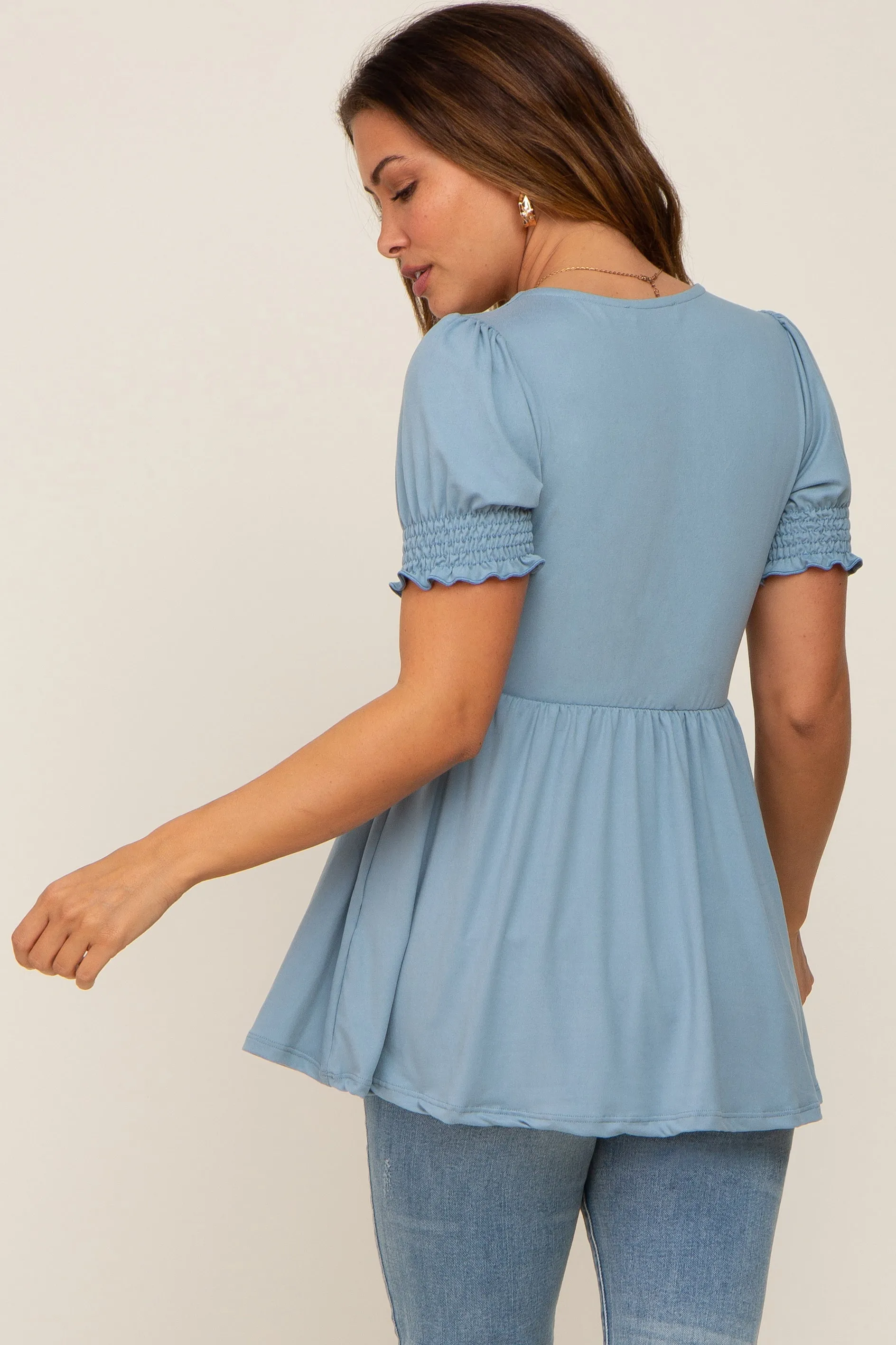 Blue Puff Sleeve Crossover Maternity/Nursing Top sold by Pinkblush product image thumbnail 3