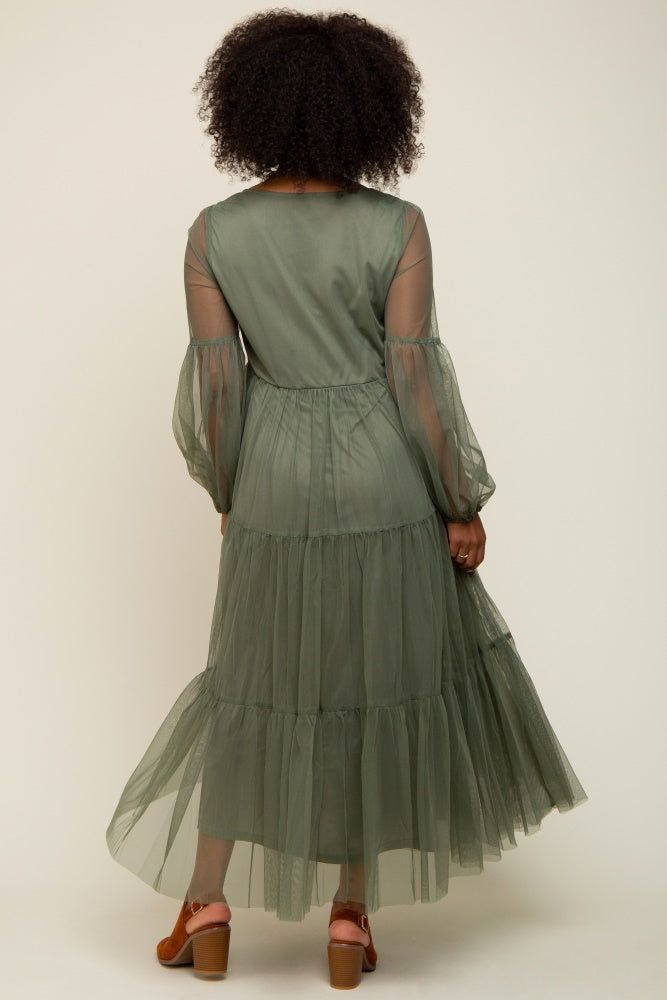 Olive Mesh Overlay Tiered Maxi Dress sold by Pinkblush product image thumbnail 3