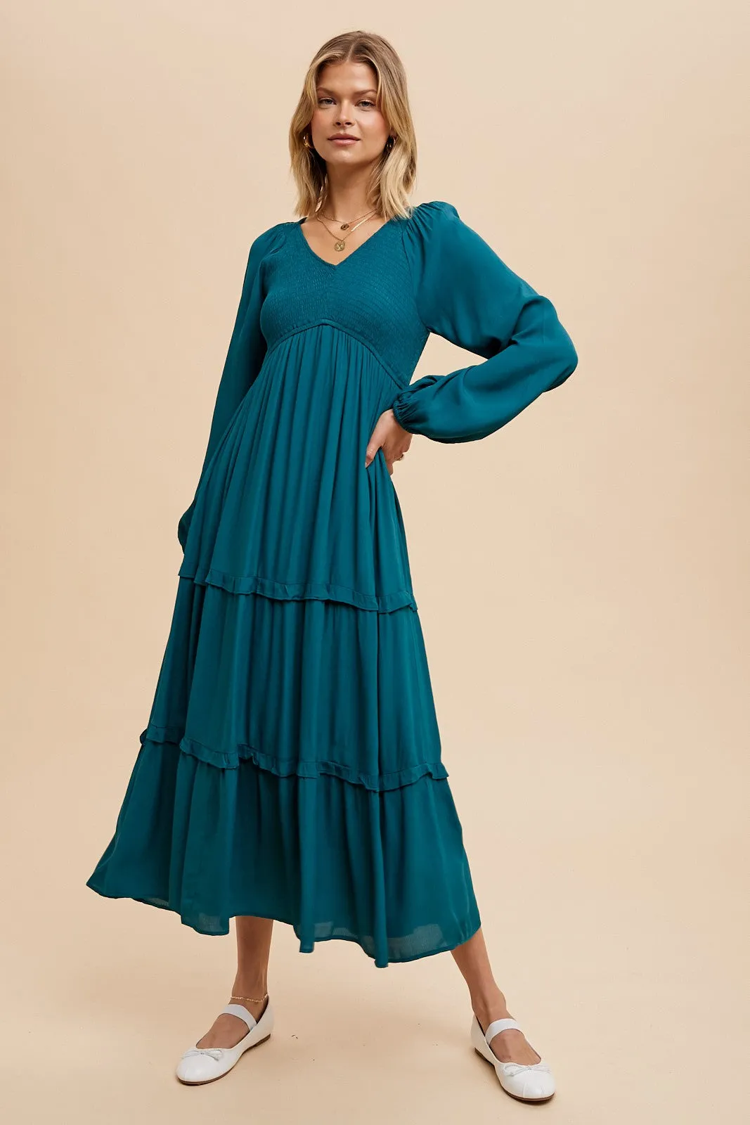 Emerald Smocked Tiered Maternity Midi Dress sold by Pinkblush product image thumbnail 4