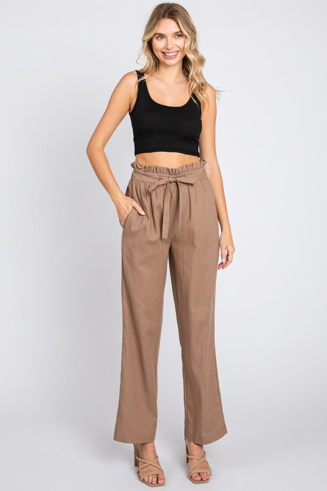 Mocha Ruffle Tie Waist Linen Pants sold by Pinkblush