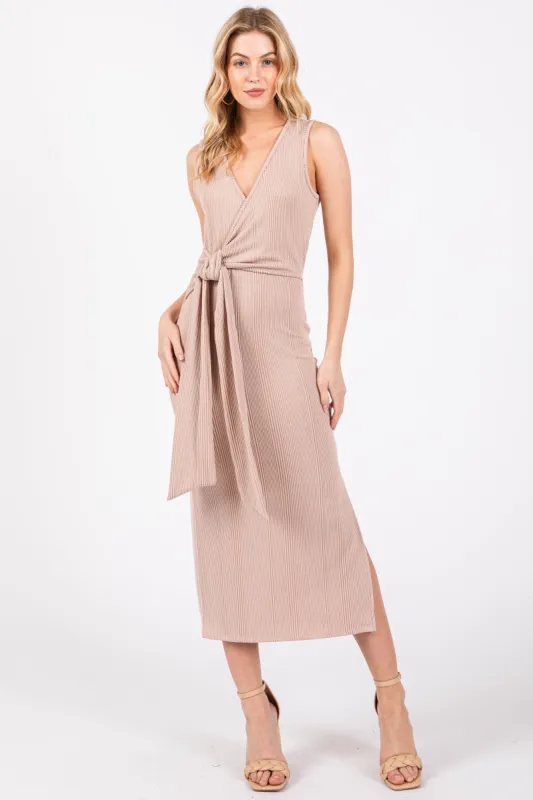 Taupe Ribbed Wrap Midi Dress sold by Pinkblush