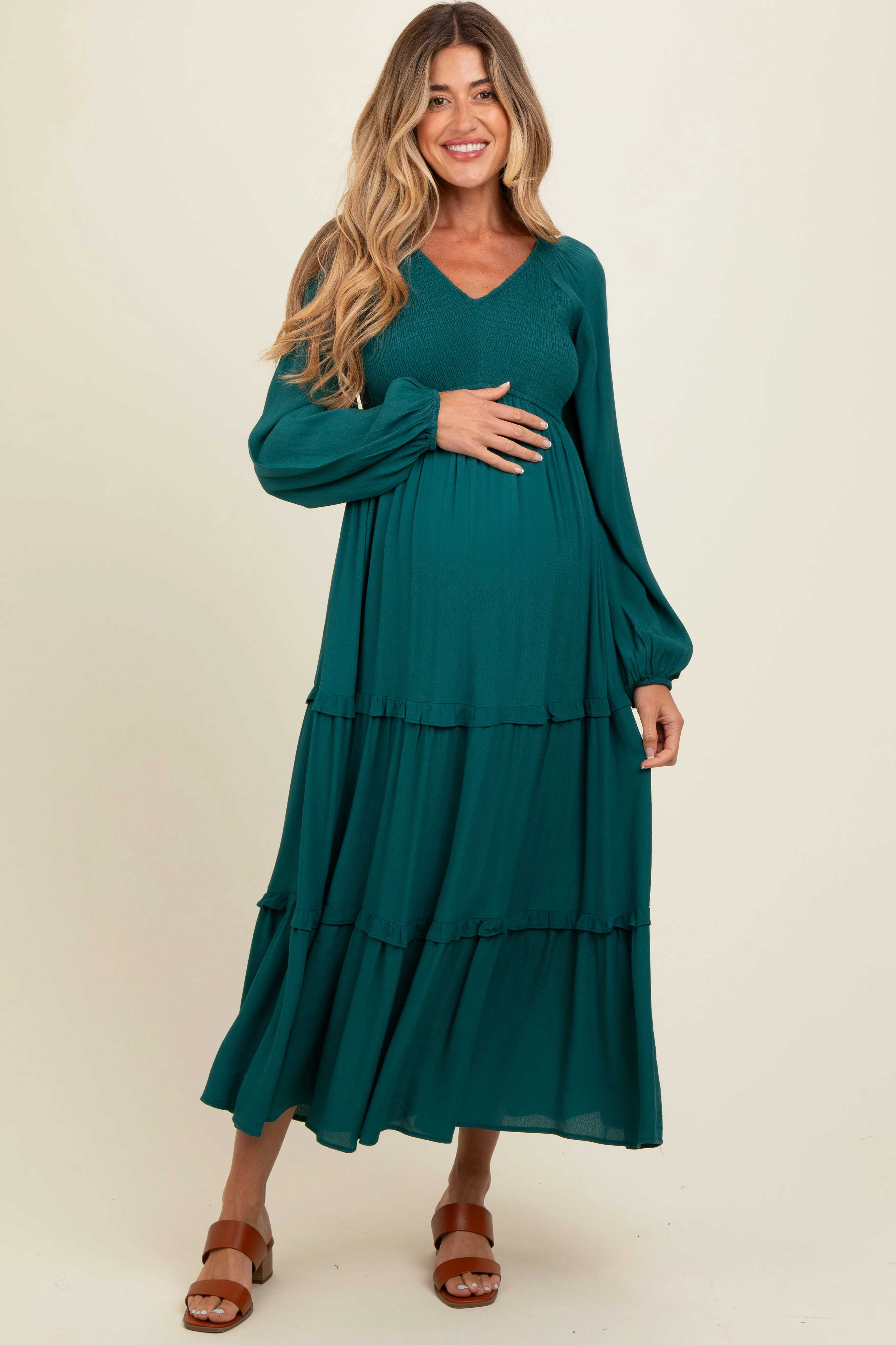 Emerald Smocked Tiered Maternity Midi Dress sold by Pinkblush