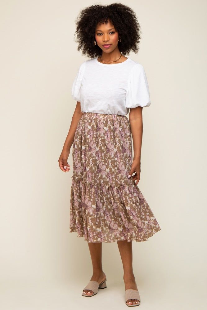 Mocha Floral Plisse Ruffle Accent Midi Skirt sold by Pinkblush product image thumbnail 5