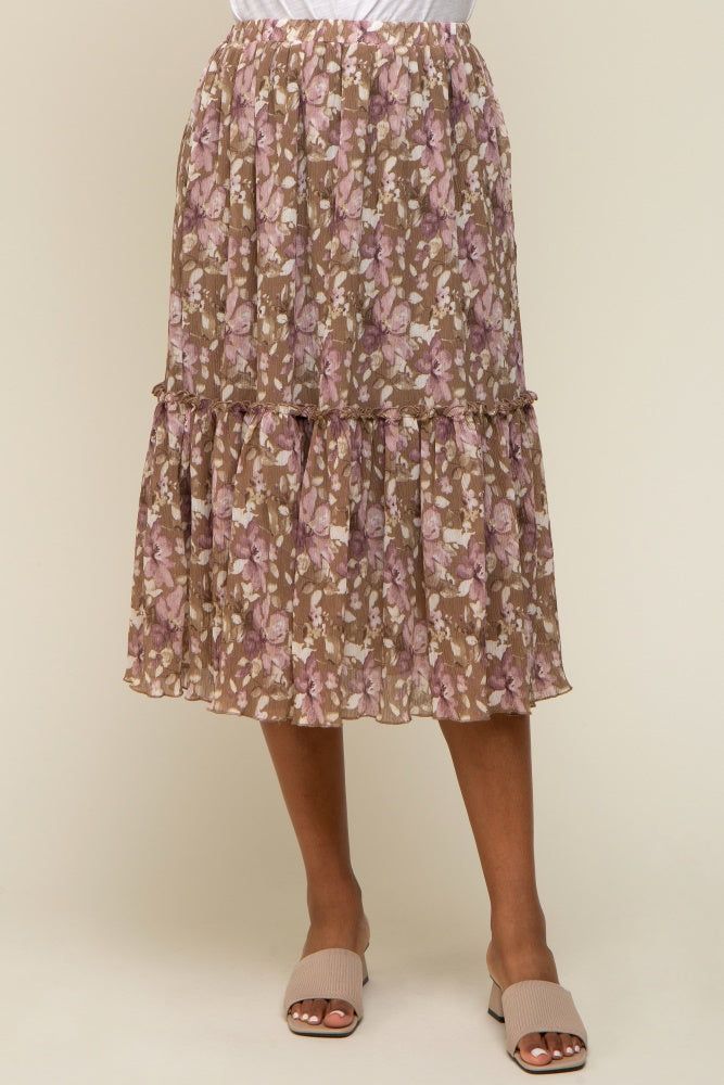 Mocha Floral Plisse Ruffle Accent Midi Skirt sold by Pinkblush product image thumbnail 2