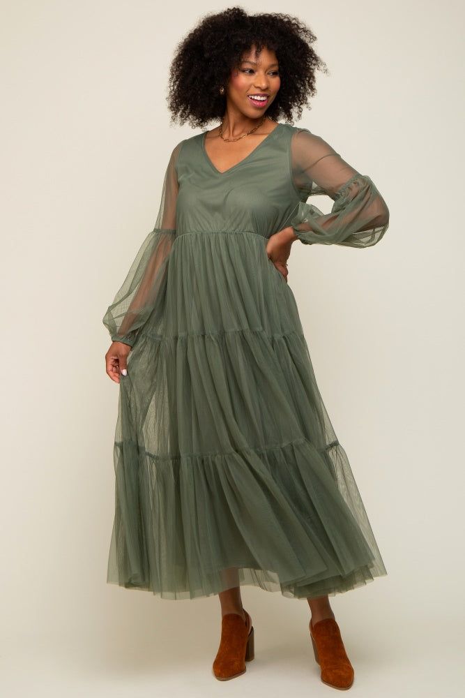Olive Mesh Overlay Tiered Maxi Dress sold by Pinkblush product image thumbnail 4