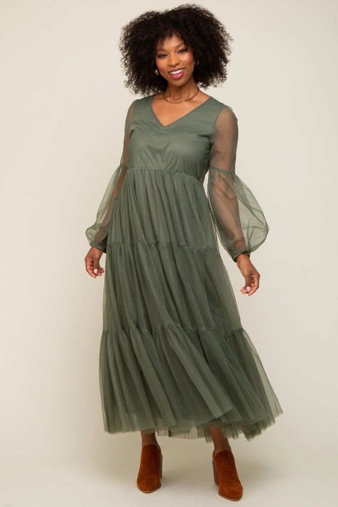 Olive Mesh Overlay Tiered Maxi Dress sold by Pinkblush