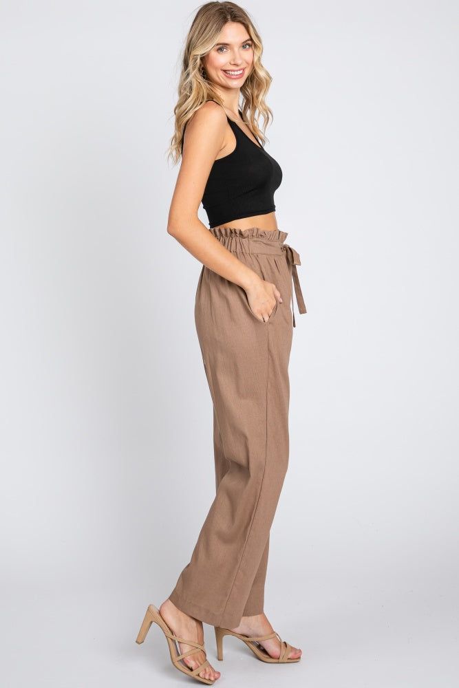 Mocha Ruffle Tie Waist Linen Pants sold by Pinkblush product image thumbnail 2