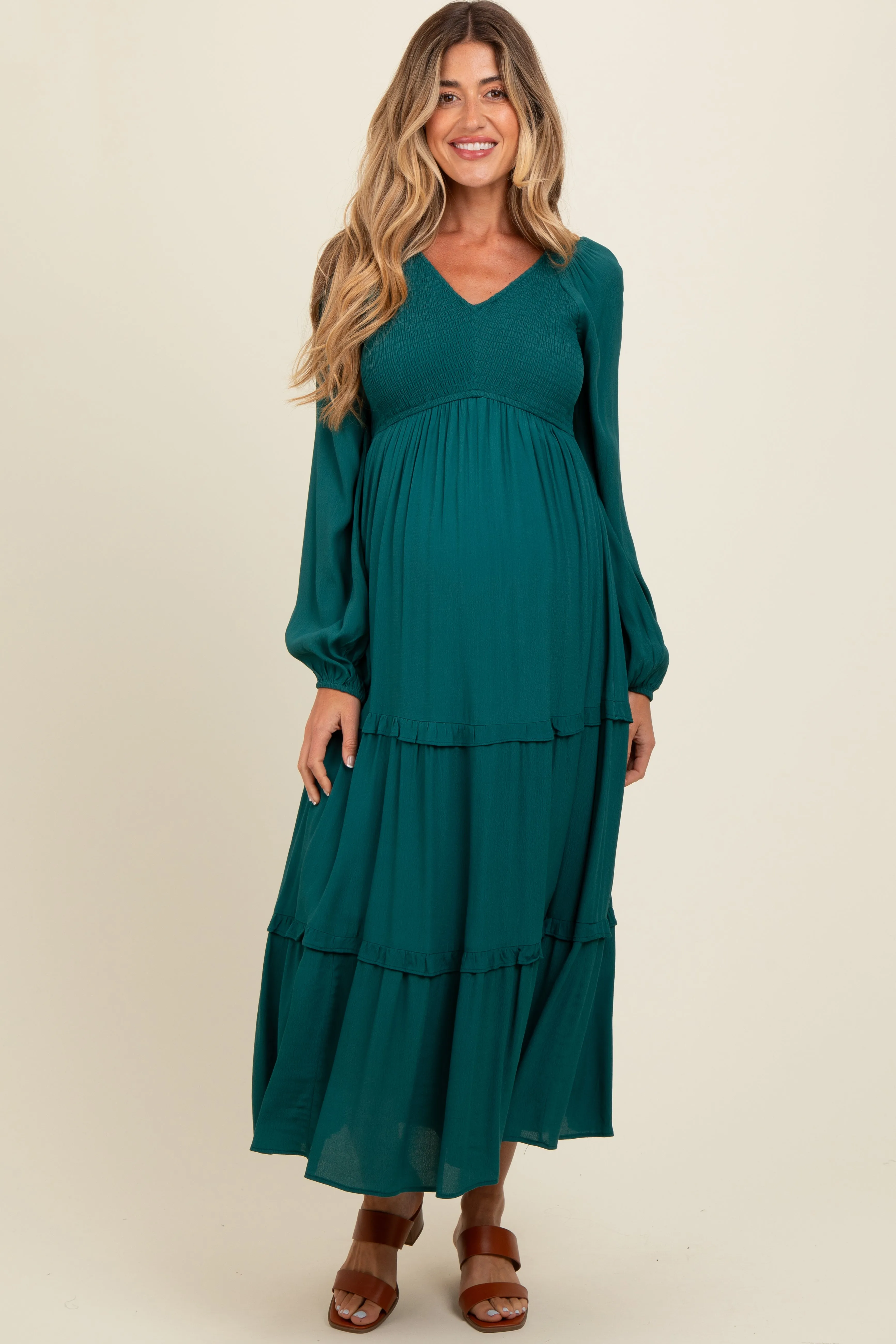 Emerald Smocked Tiered Maternity Midi Dress sold by Pinkblush product image thumbnail 2