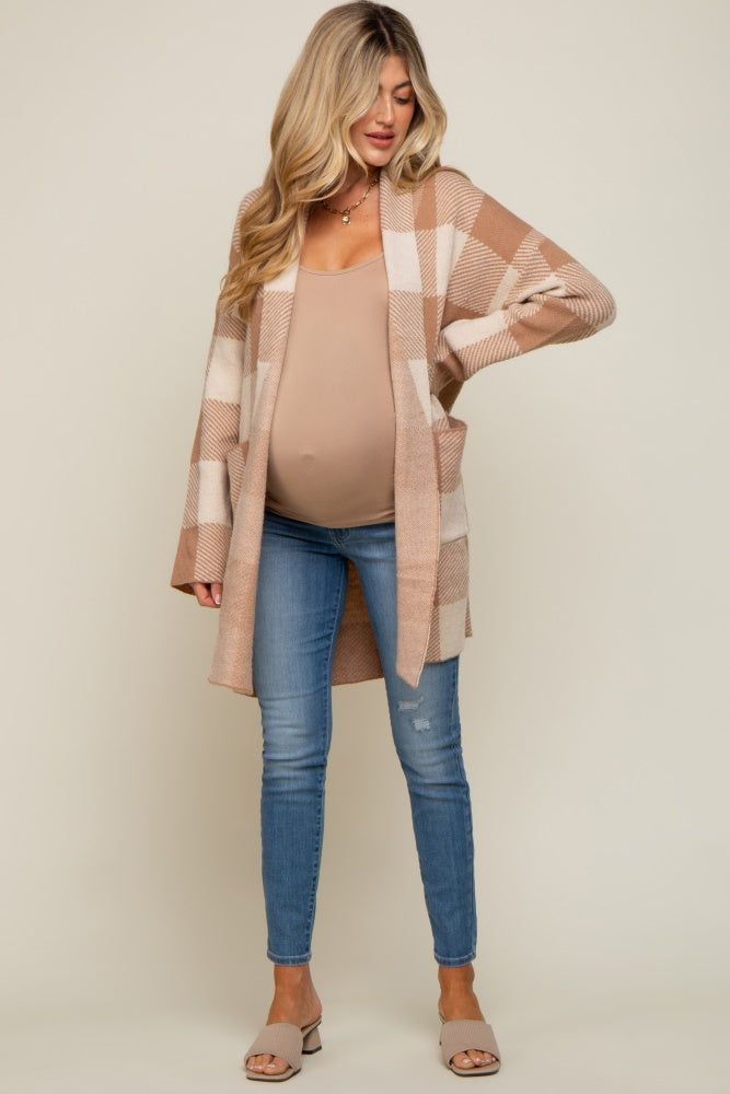 Taupe Plaid Shawl Maternity Cardigan sold by Pinkblush product image thumbnail 5