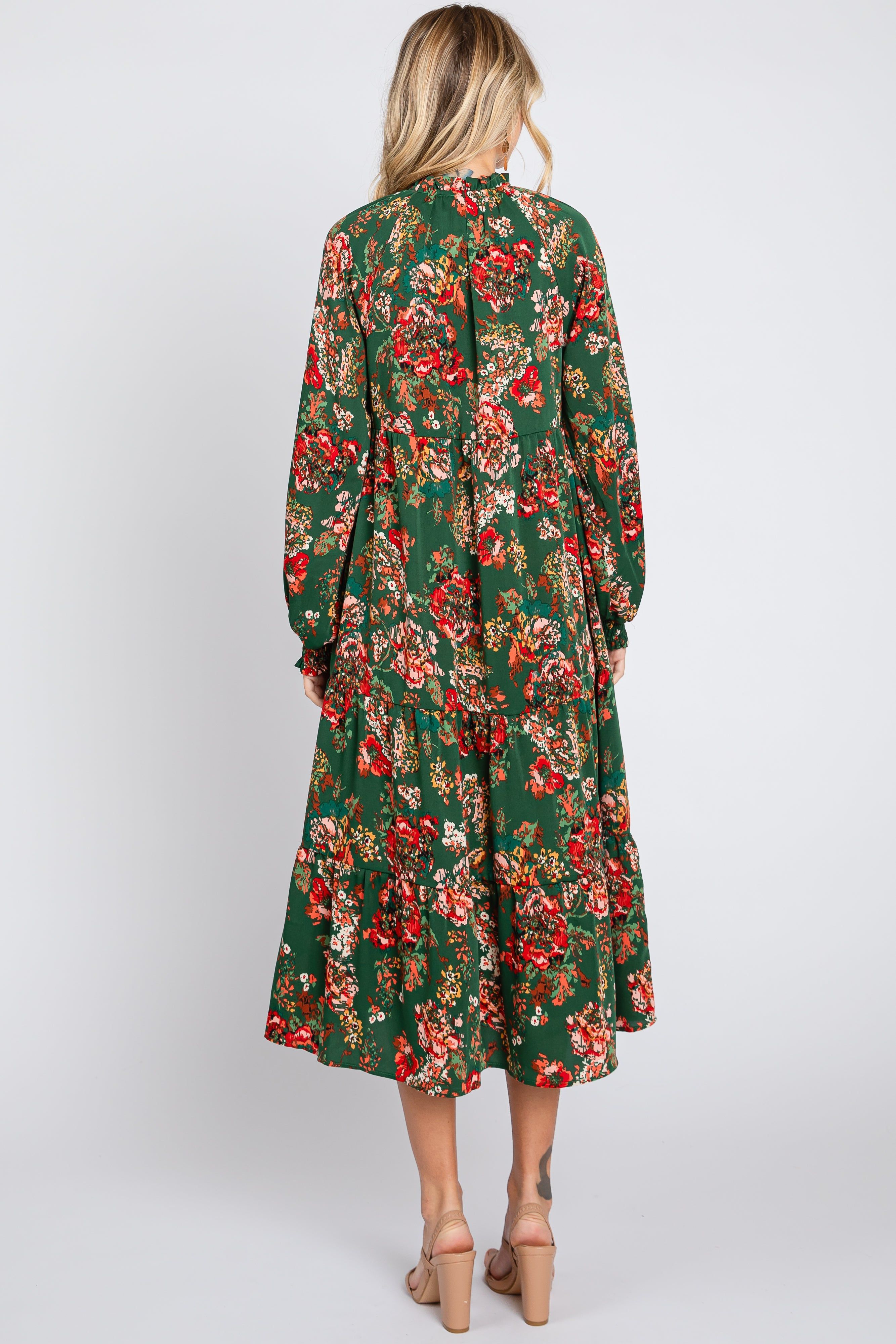 Forest Green Floral Ruffle Neck Tiered Midi Dress sold by Pinkblush product image thumbnail 4