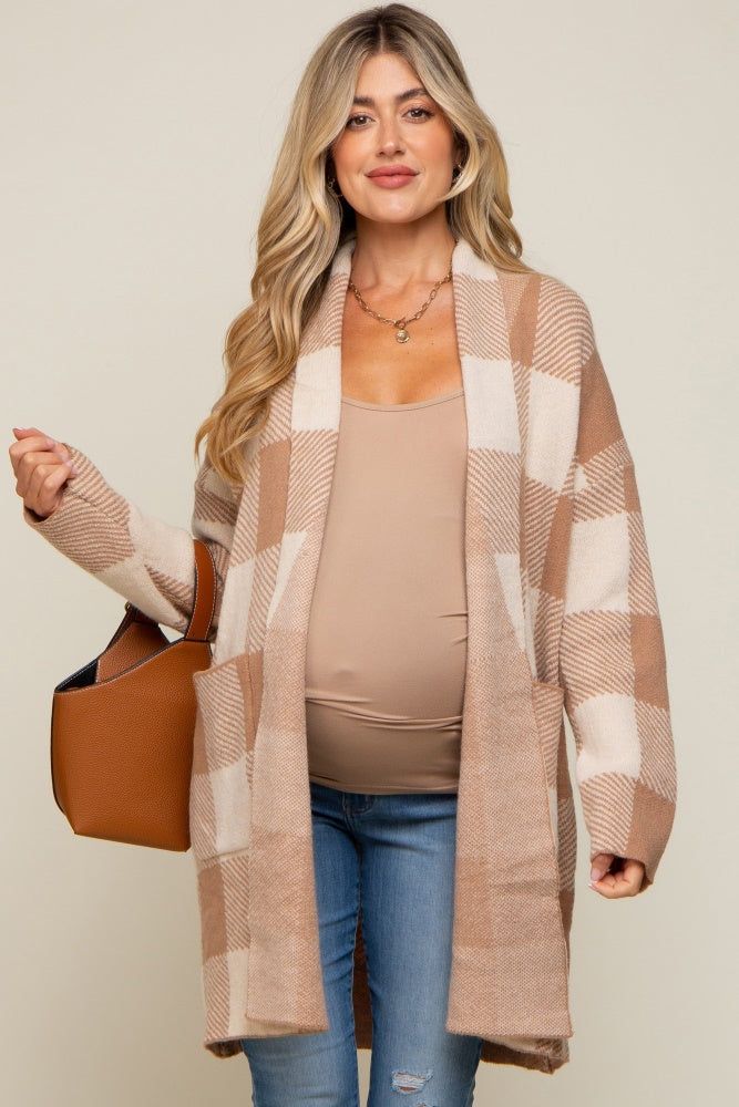 Taupe Plaid Shawl Maternity Cardigan sold by Pinkblush product image thumbnail 2