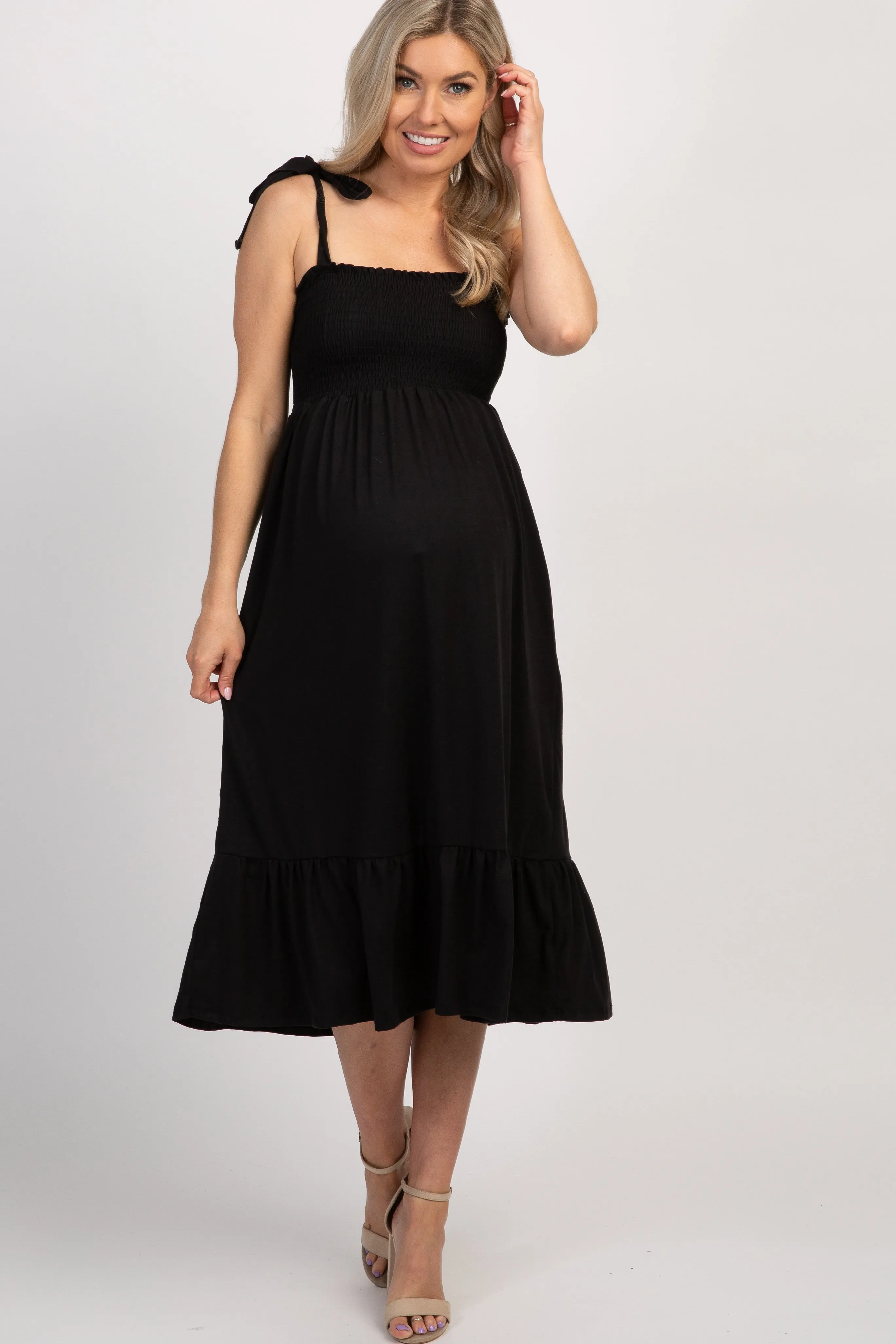 Black Solid Self-Tie Smocked Maternity Midi Dress sold by Pinkblush