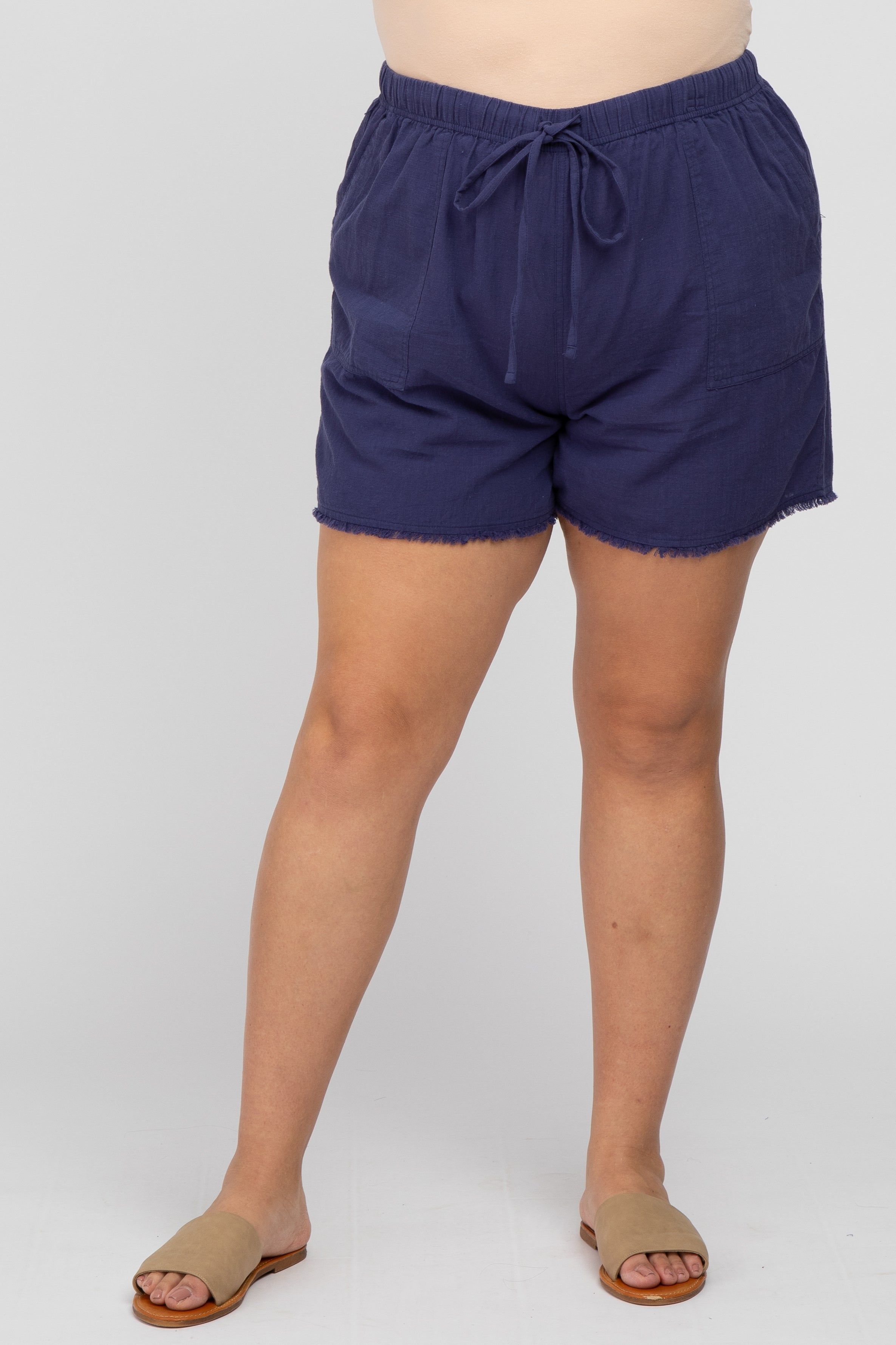 Navy Blue Linen Fringe Hem Drawstring Plus Shorts sold by Pinkblush product image thumbnail 2