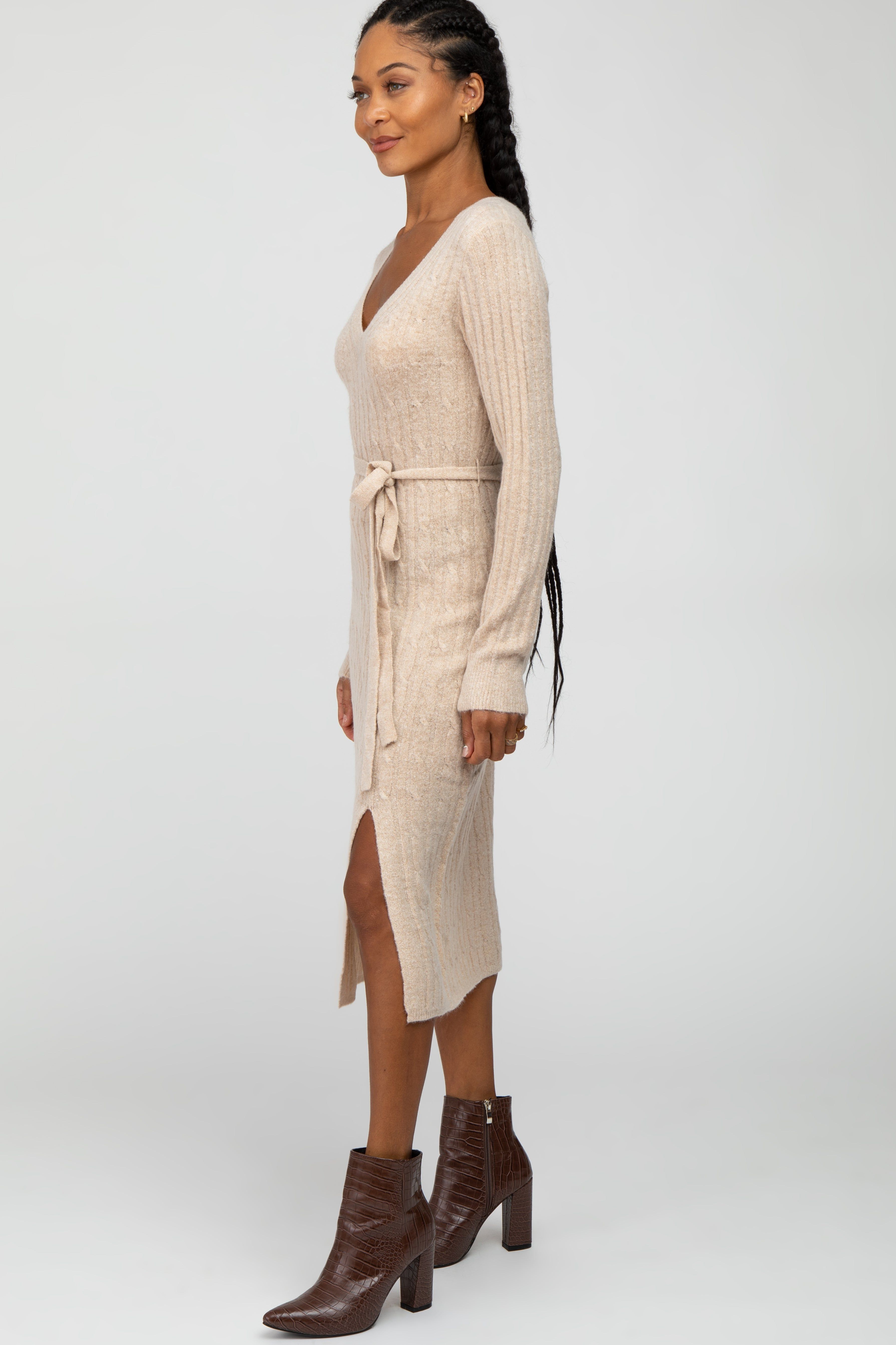 Beige Brushed Cable Knit Sweater Dress sold by Pinkblush product image thumbnail 4