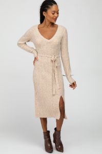 Beige Brushed Cable Knit Sweater Dress sold by Pinkblush