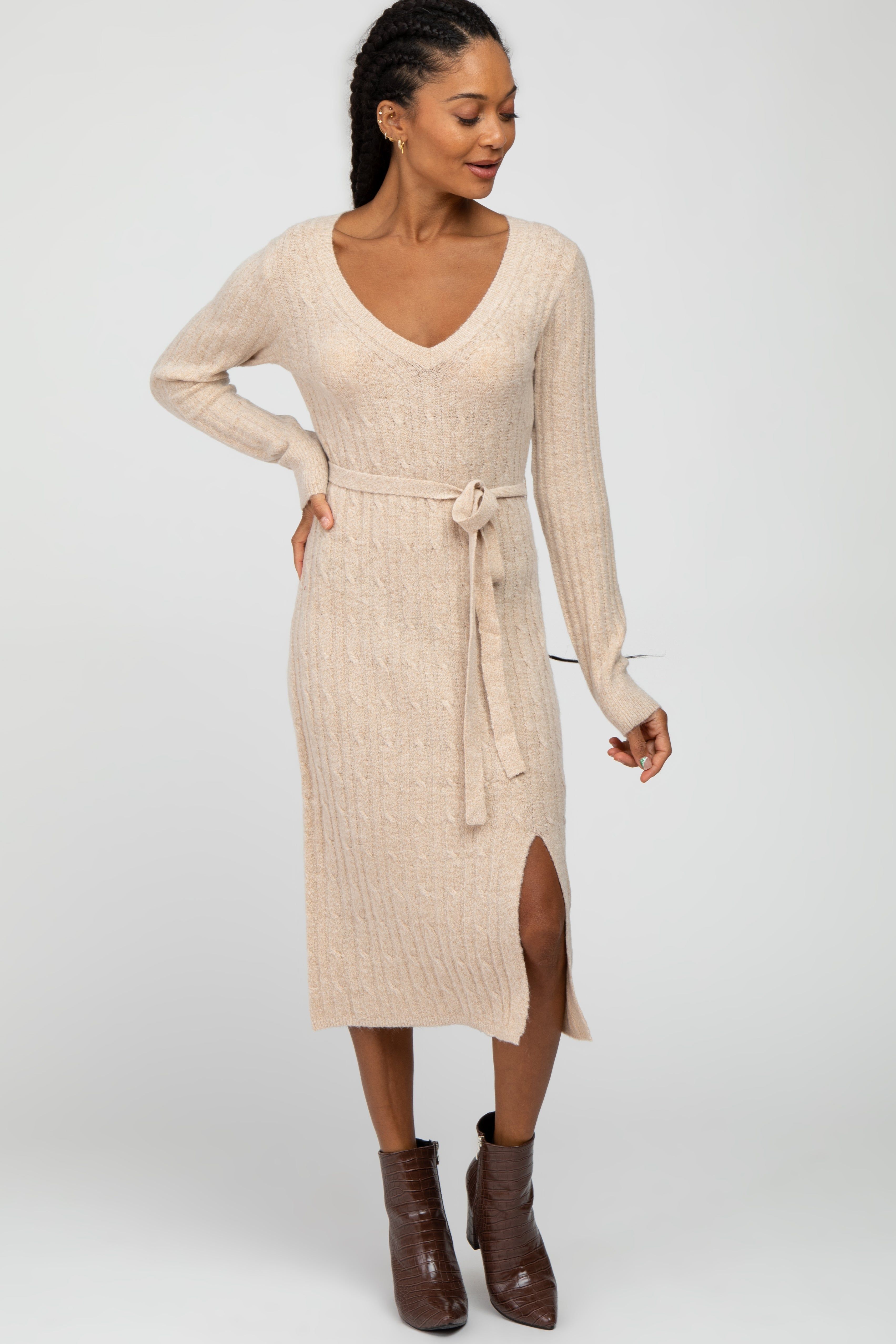 Beige Brushed Cable Knit Sweater Dress sold by Pinkblush