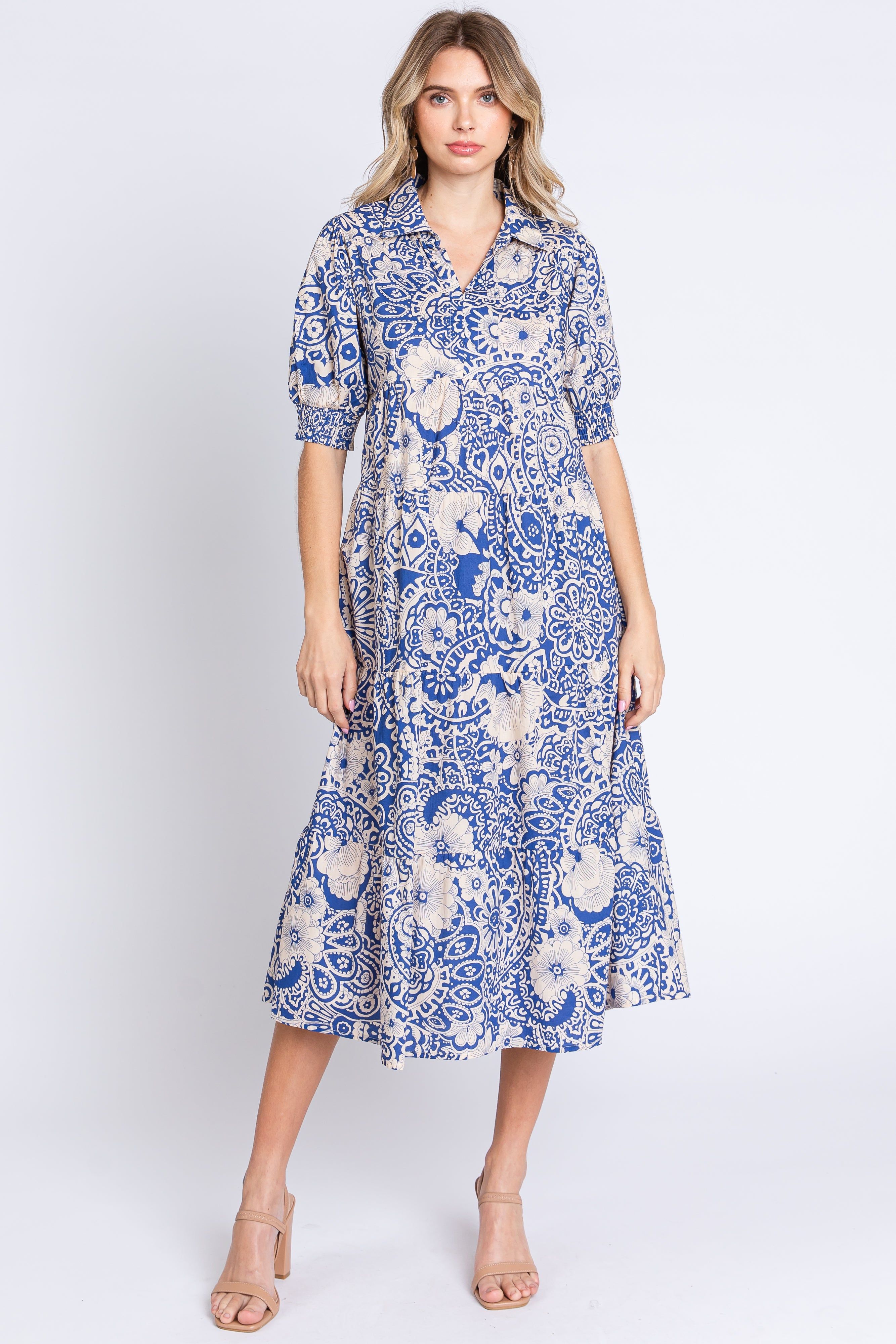 Blue Floral Collared Tiered Midi Dress sold by Pinkblush