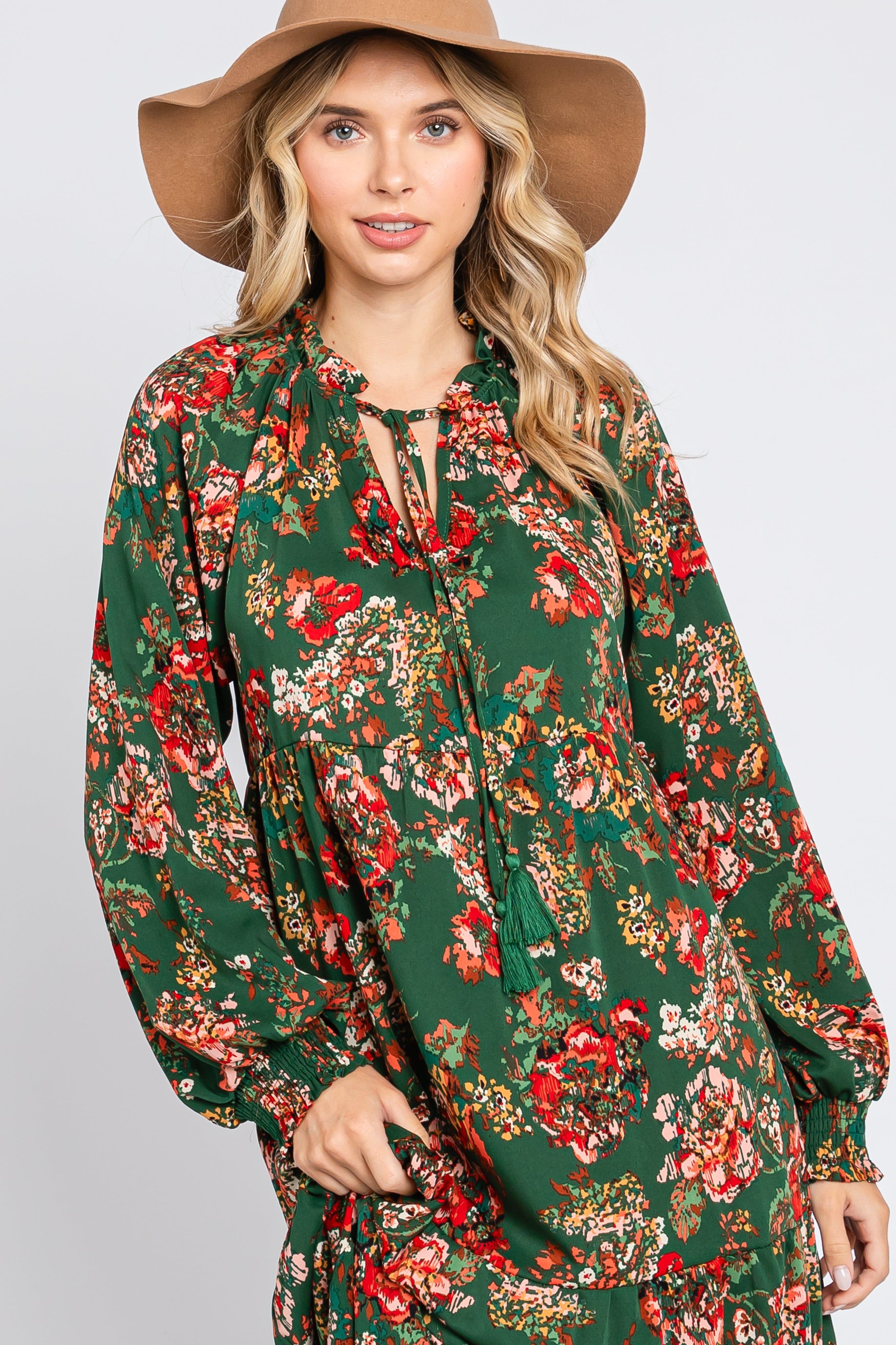 Forest Green Floral Ruffle Neck Tiered Midi Dress sold by Pinkblush product image thumbnail 5