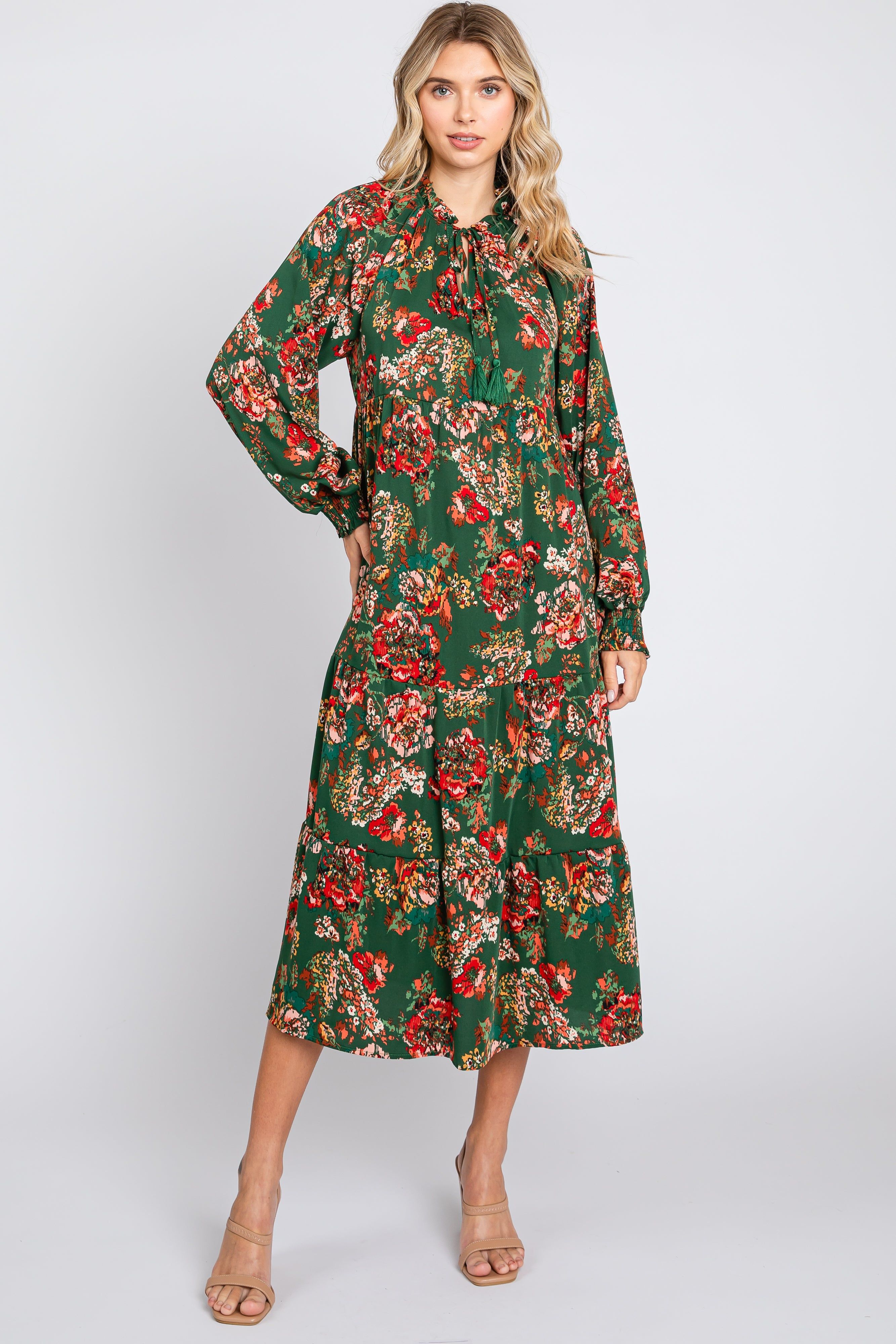 Forest Green Floral Ruffle Neck Tiered Midi Dress sold by Pinkblush product image thumbnail 2