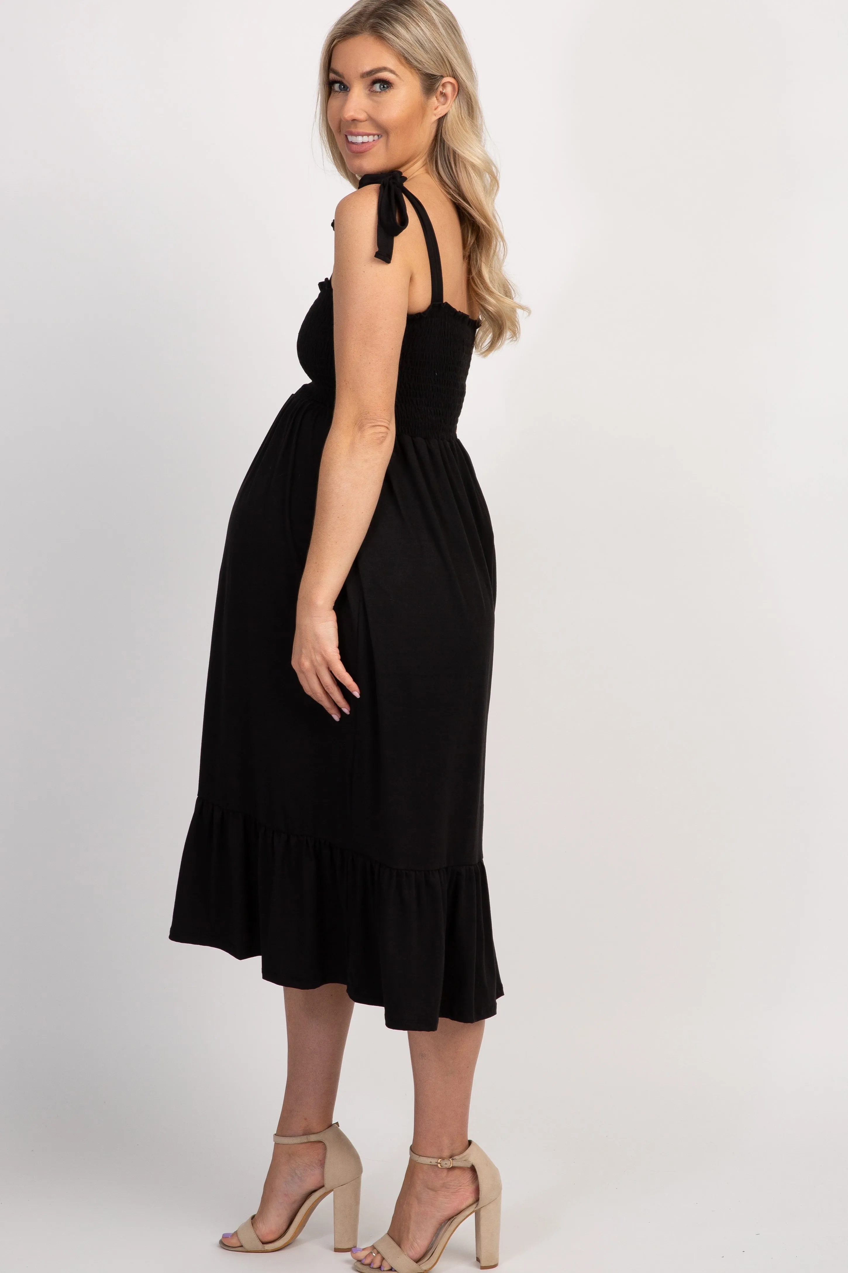 Black Solid Self-Tie Smocked Maternity Midi Dress sold by Pinkblush product image thumbnail 2