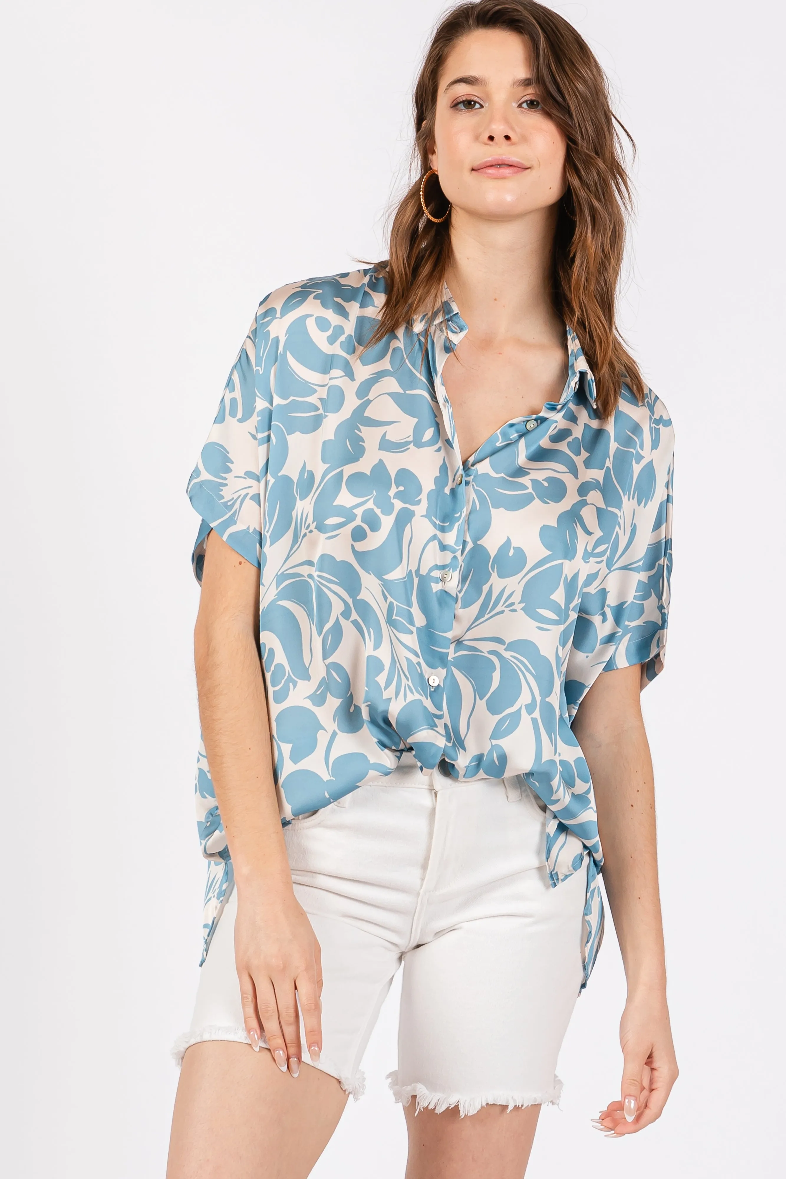 Aqua Floral Button Down Blouse sold by Pinkblush