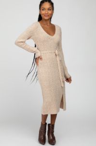 Beige Brushed Cable Knit Sweater Dress sold by Pinkblush