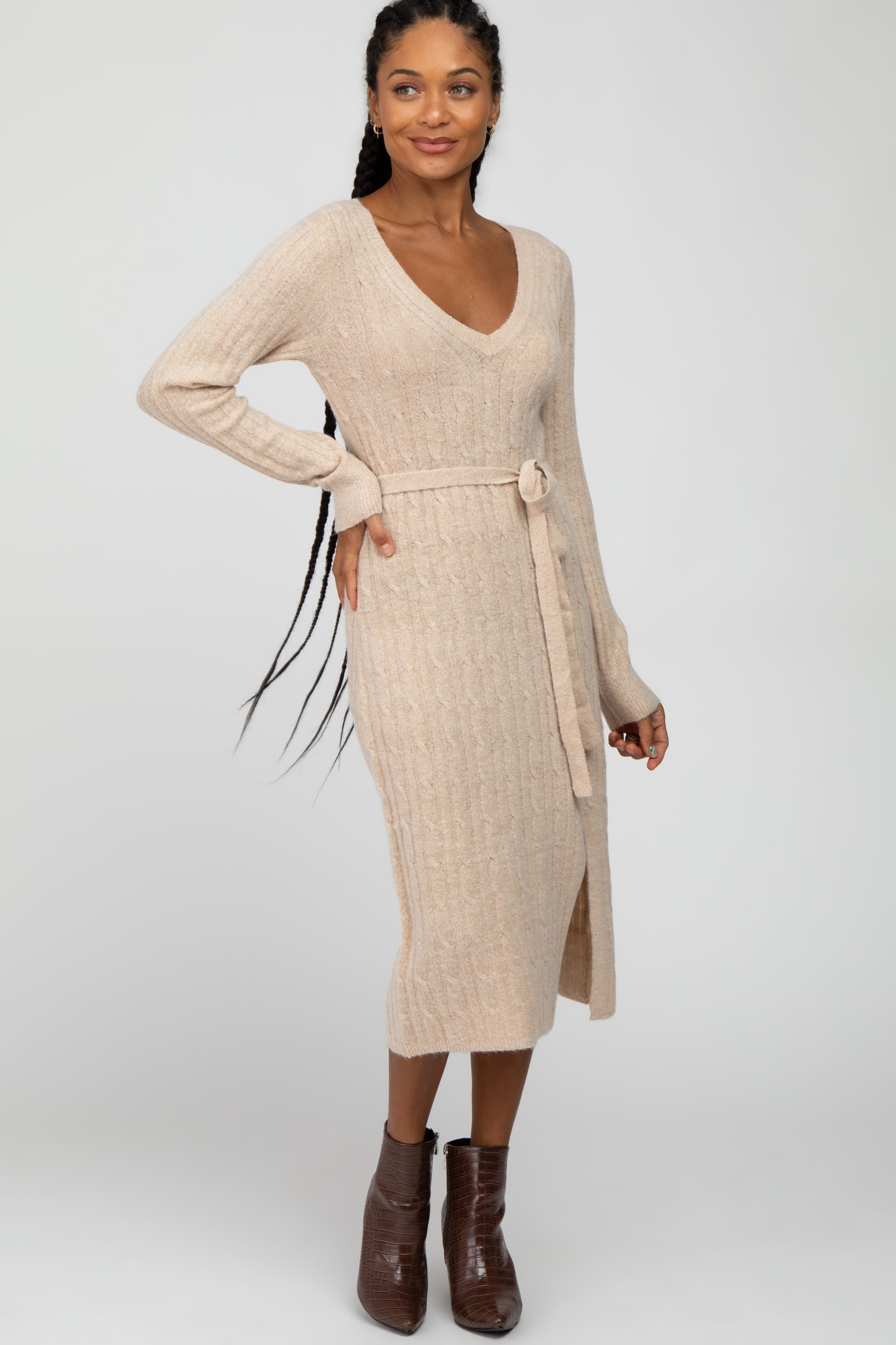 Beige Brushed Cable Knit Sweater Dress sold by Pinkblush product image thumbnail 2