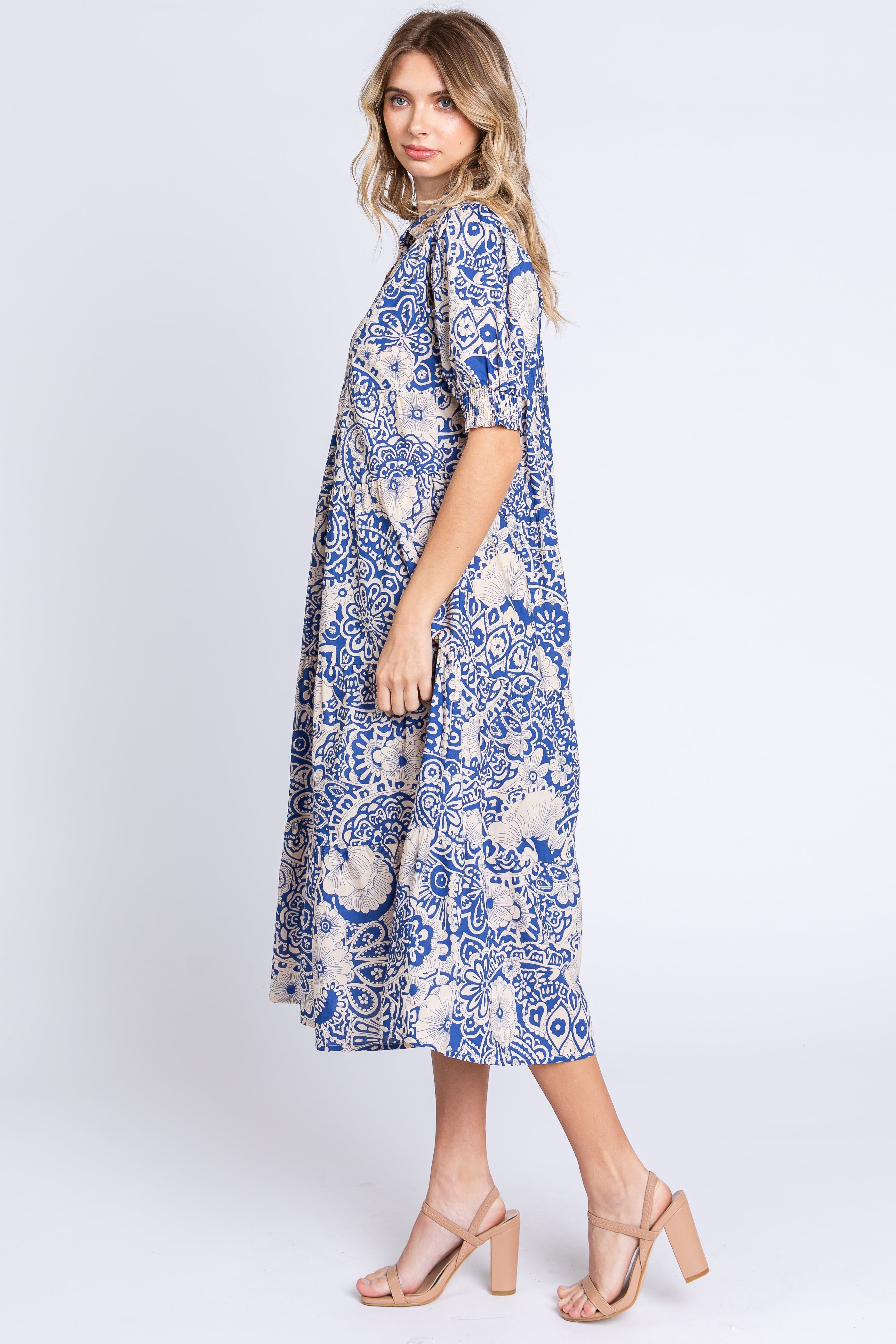 Blue Floral Collared Tiered Midi Dress sold by Pinkblush product image thumbnail 2