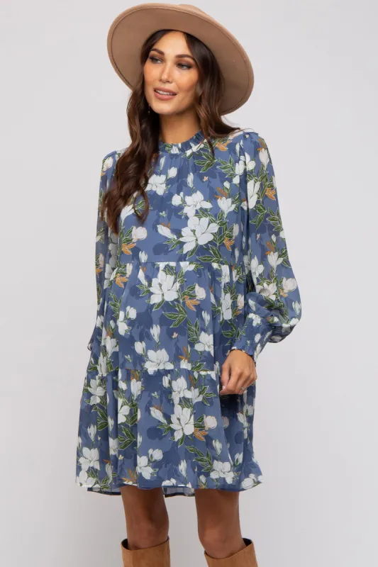 Blue Floral Chiffon Ruffle Mock Neck Tiered Maternity Dress sold by Pinkblush