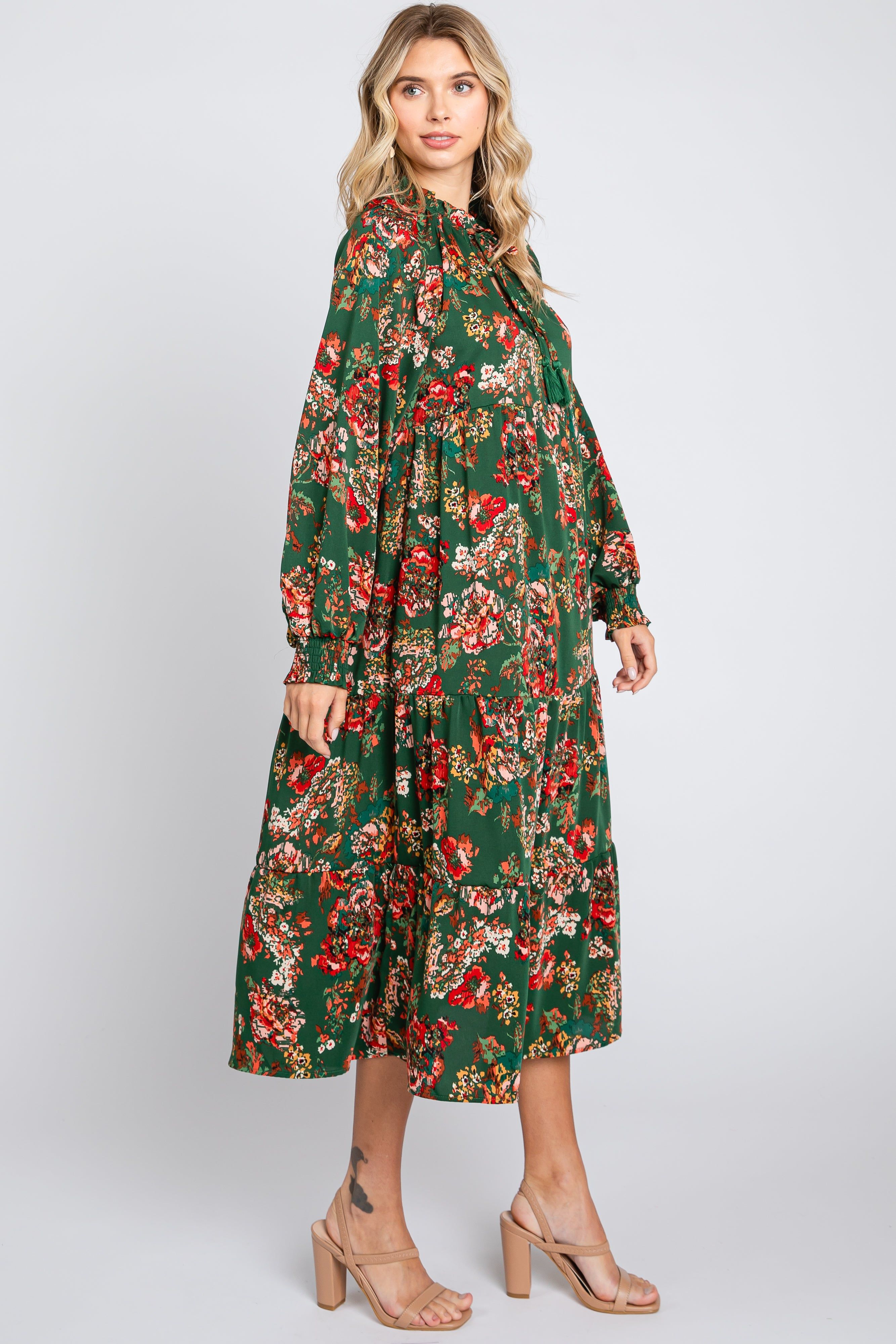 Forest Green Floral Ruffle Neck Tiered Midi Dress sold by Pinkblush product image thumbnail 3