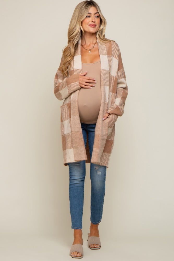 Taupe Plaid Shawl Maternity Cardigan sold by Pinkblush