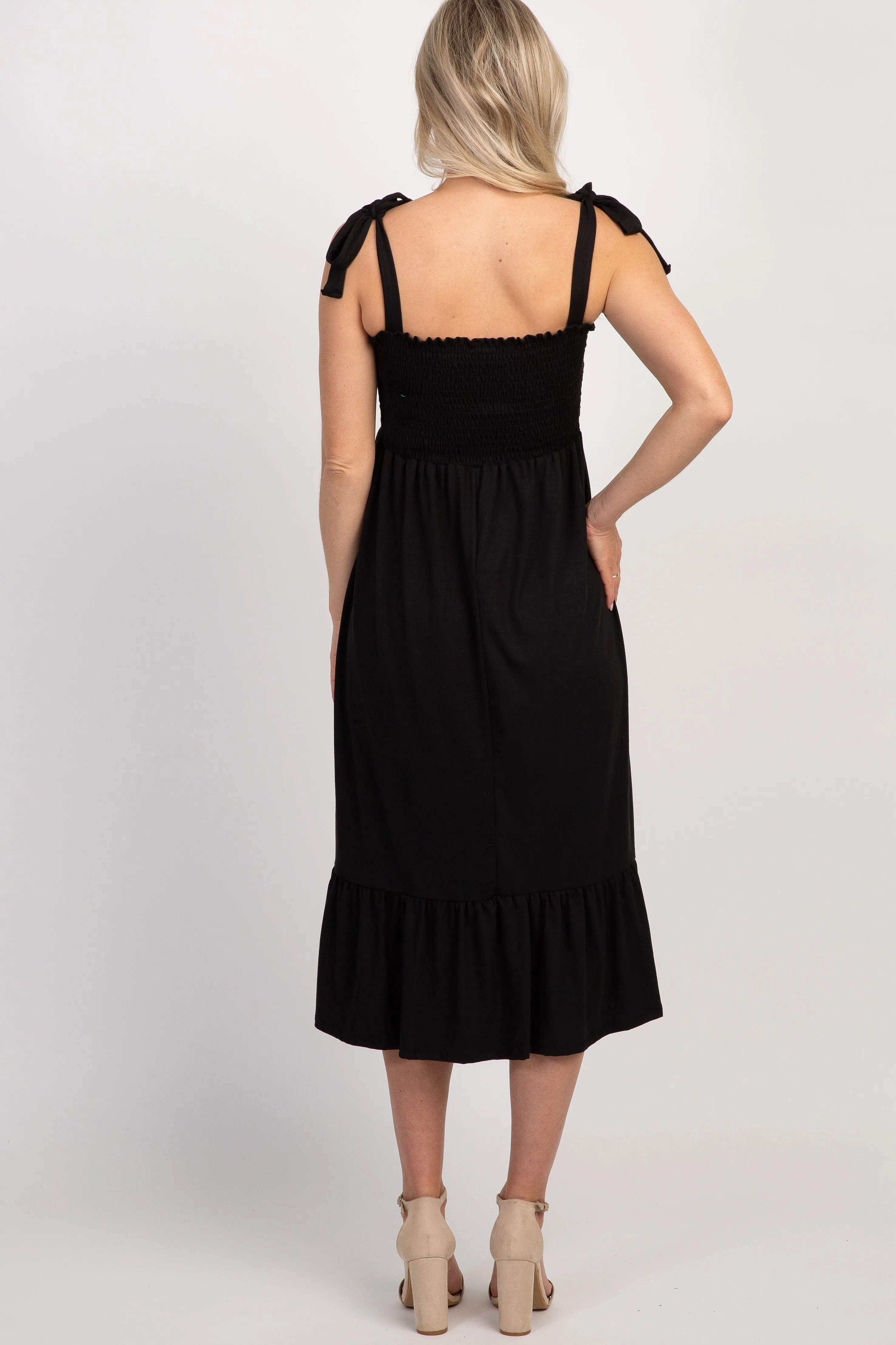 Black Solid Self-Tie Smocked Maternity Midi Dress sold by Pinkblush product image thumbnail 3