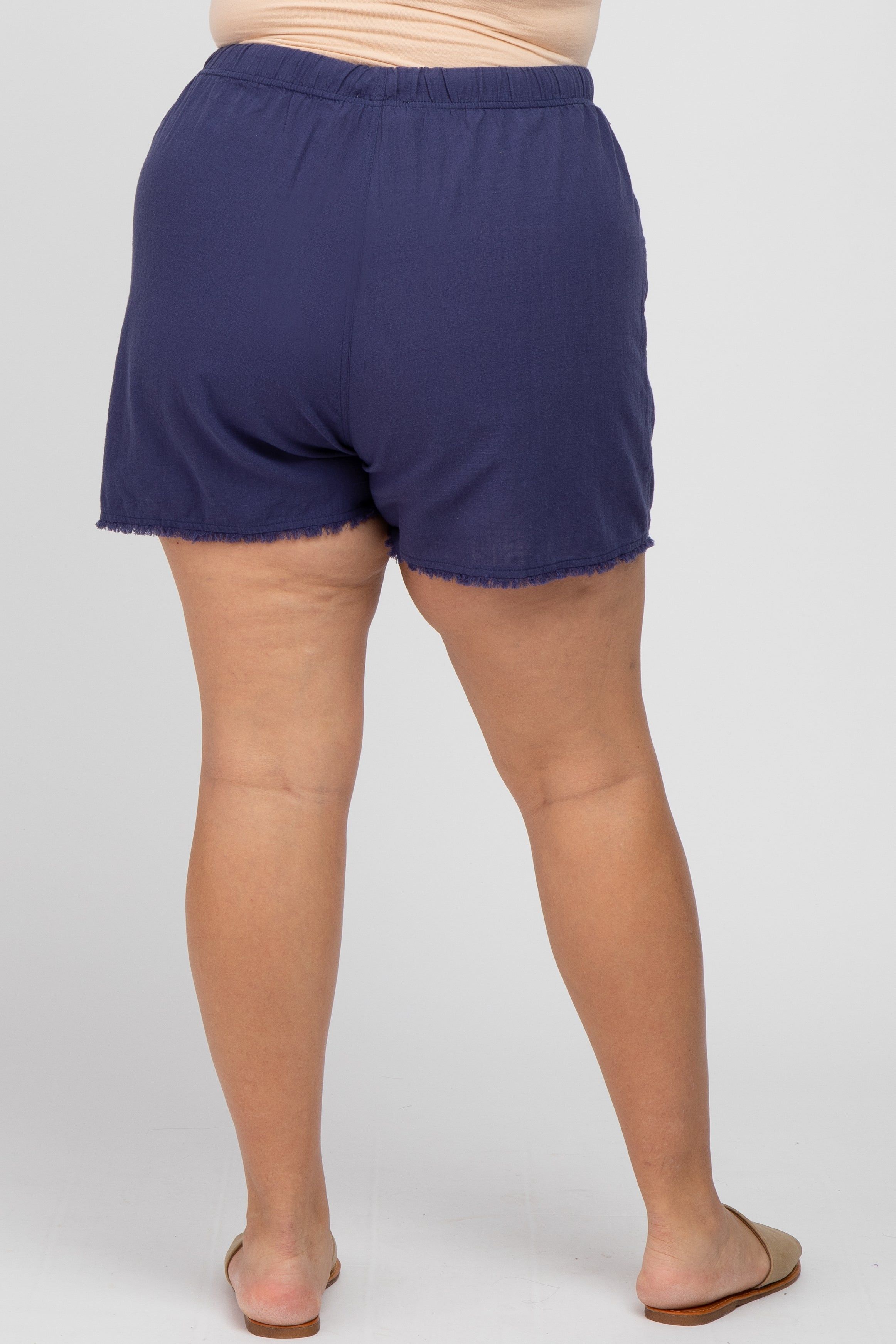 Navy Blue Linen Fringe Hem Drawstring Plus Shorts sold by Pinkblush product image thumbnail 4