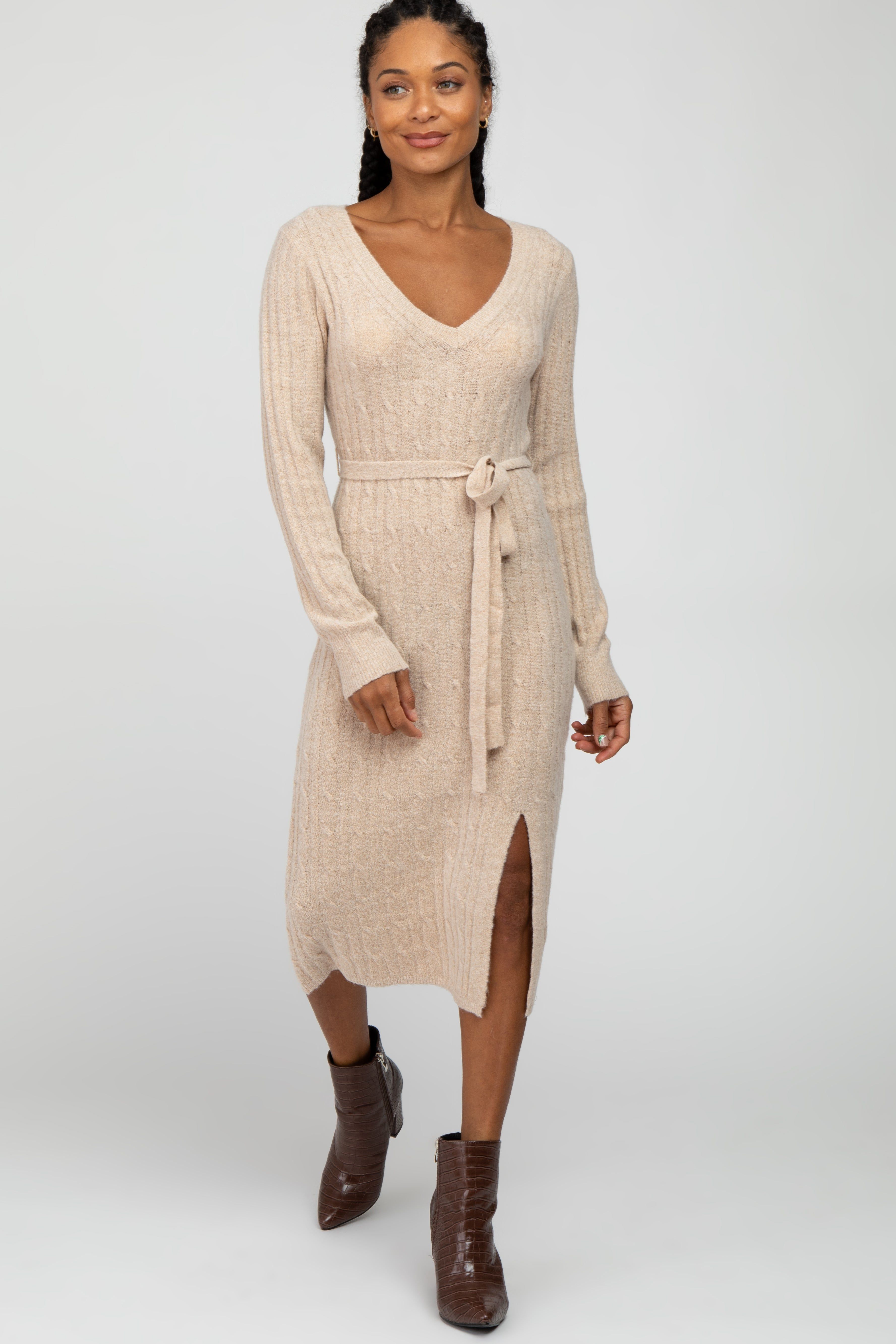 Beige Brushed Cable Knit Sweater Dress sold by Pinkblush product image thumbnail 3
