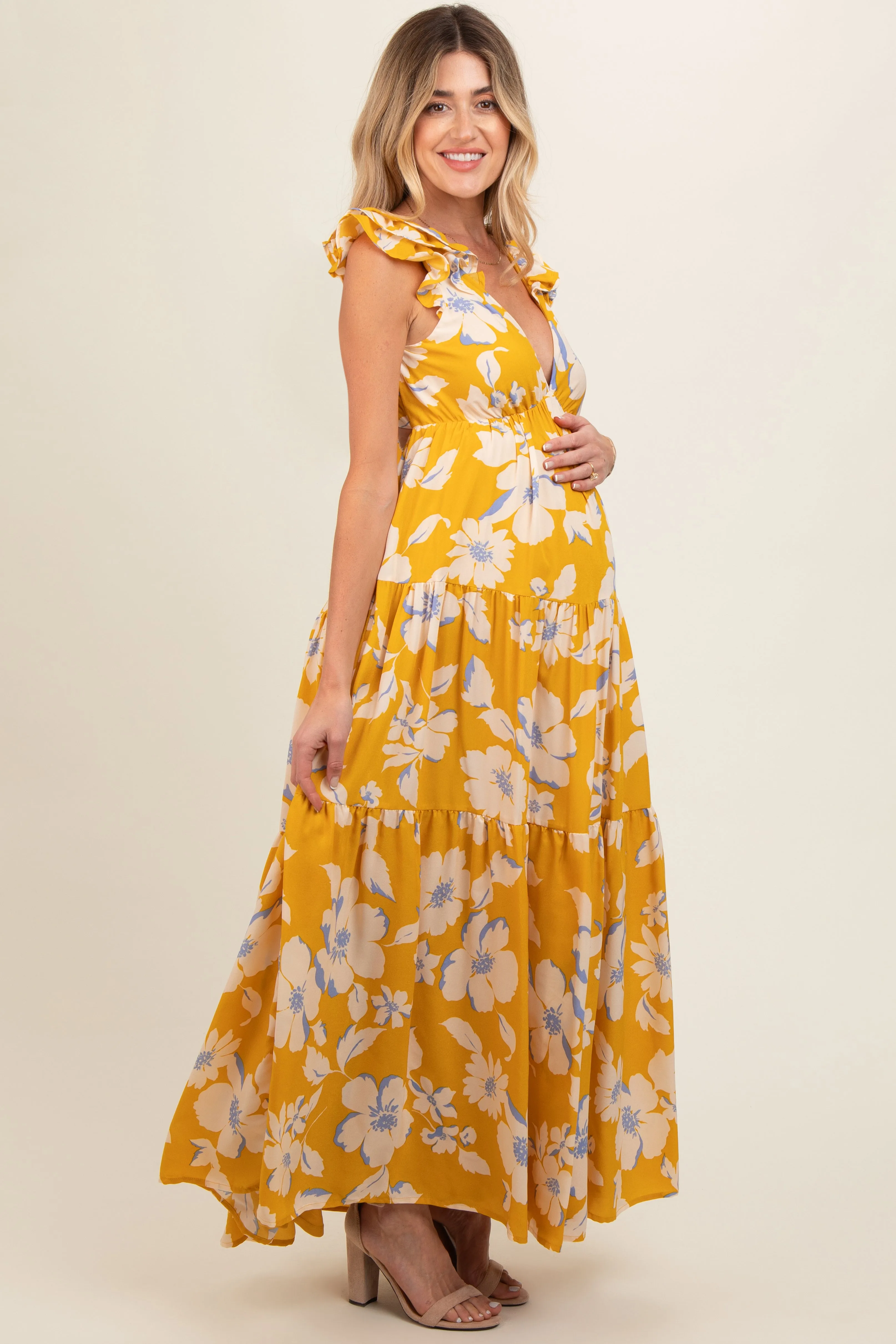 Yellow Floral Deep V-Neck Open Back Maternity Maxi Dress sold by Pinkblush product image thumbnail 3
