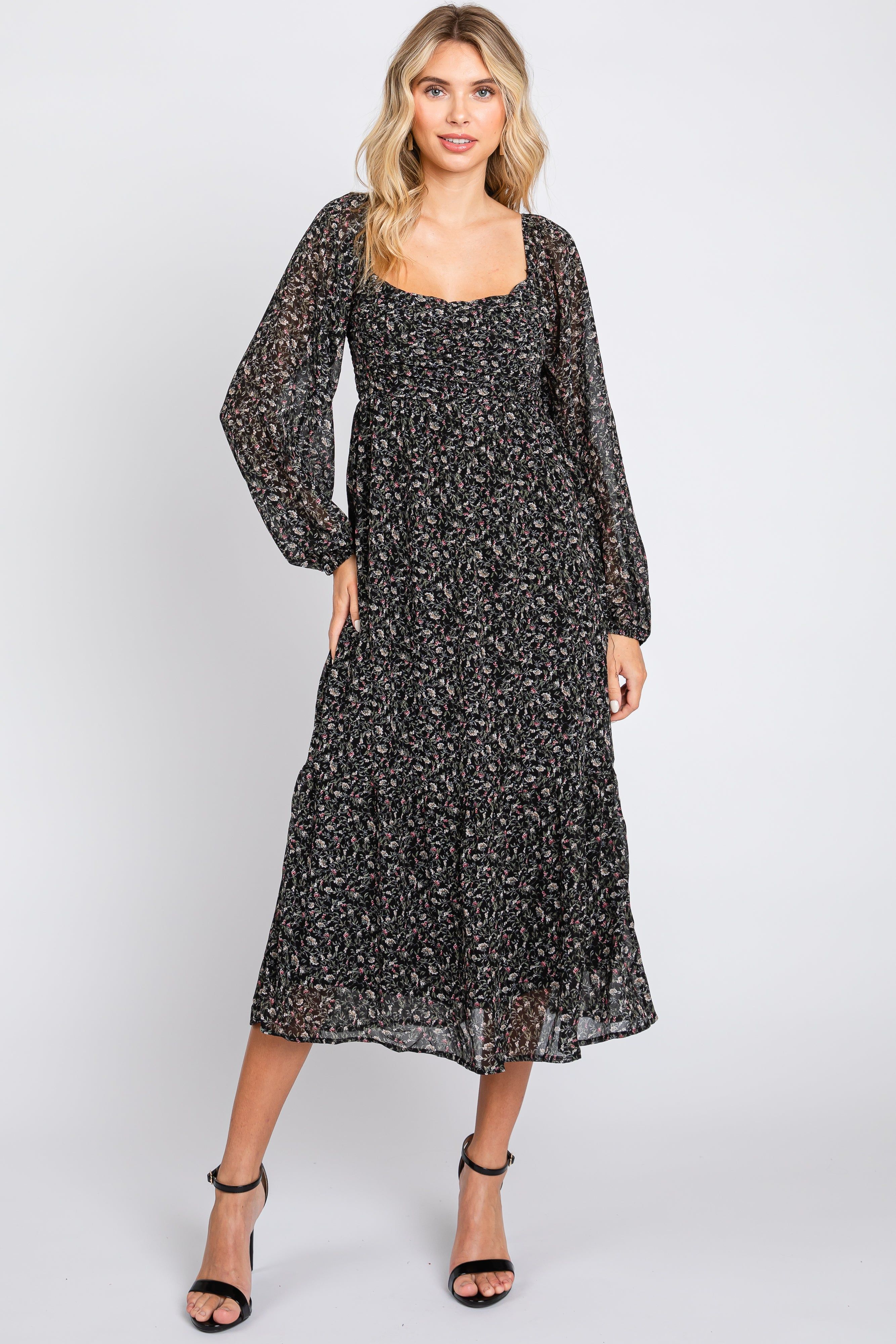 Black Floral Pleated Midi Dres sold by Pinkblush