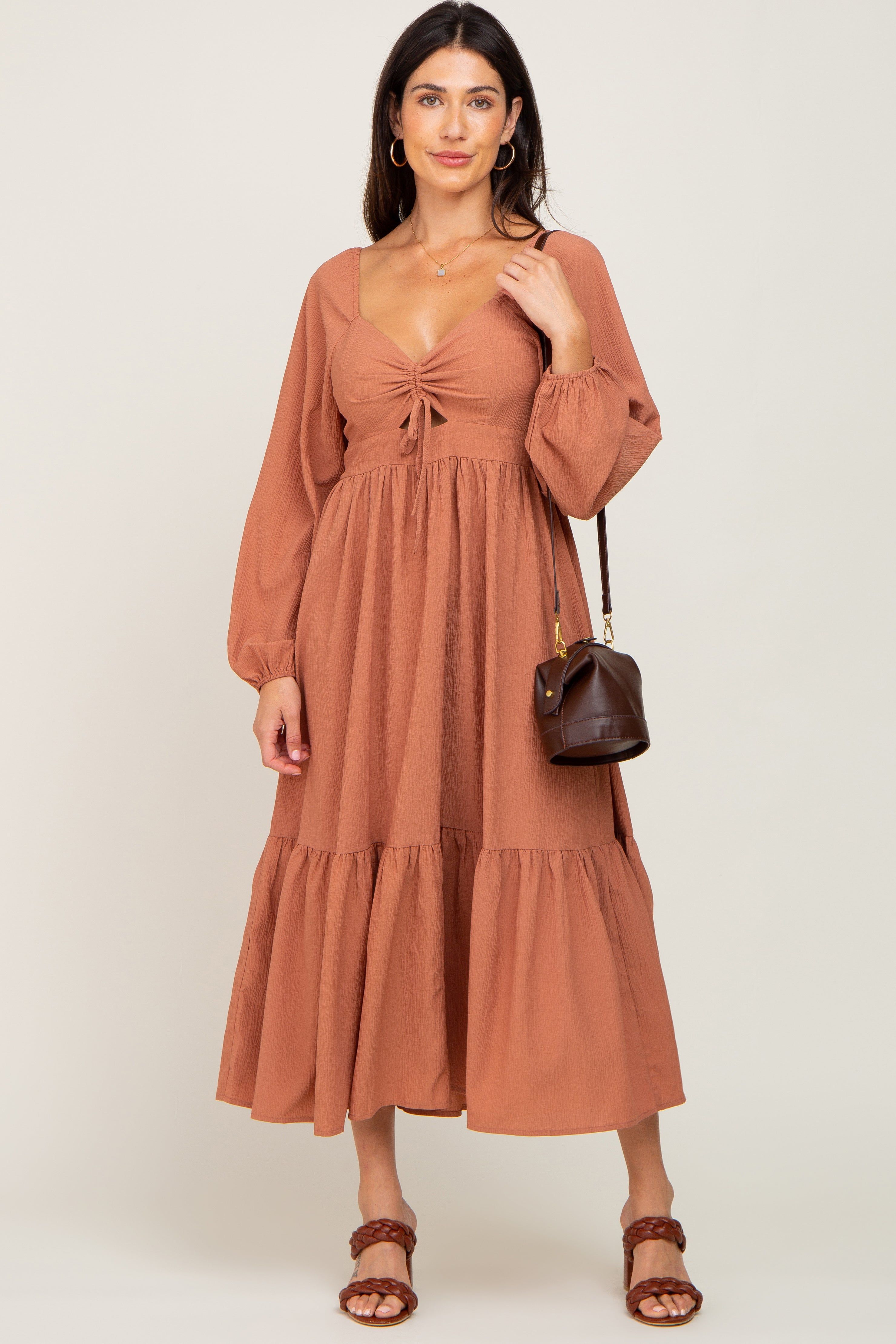 Camel Cinched Cutout Midi Dress sold by Pinkblush product image thumbnail 4